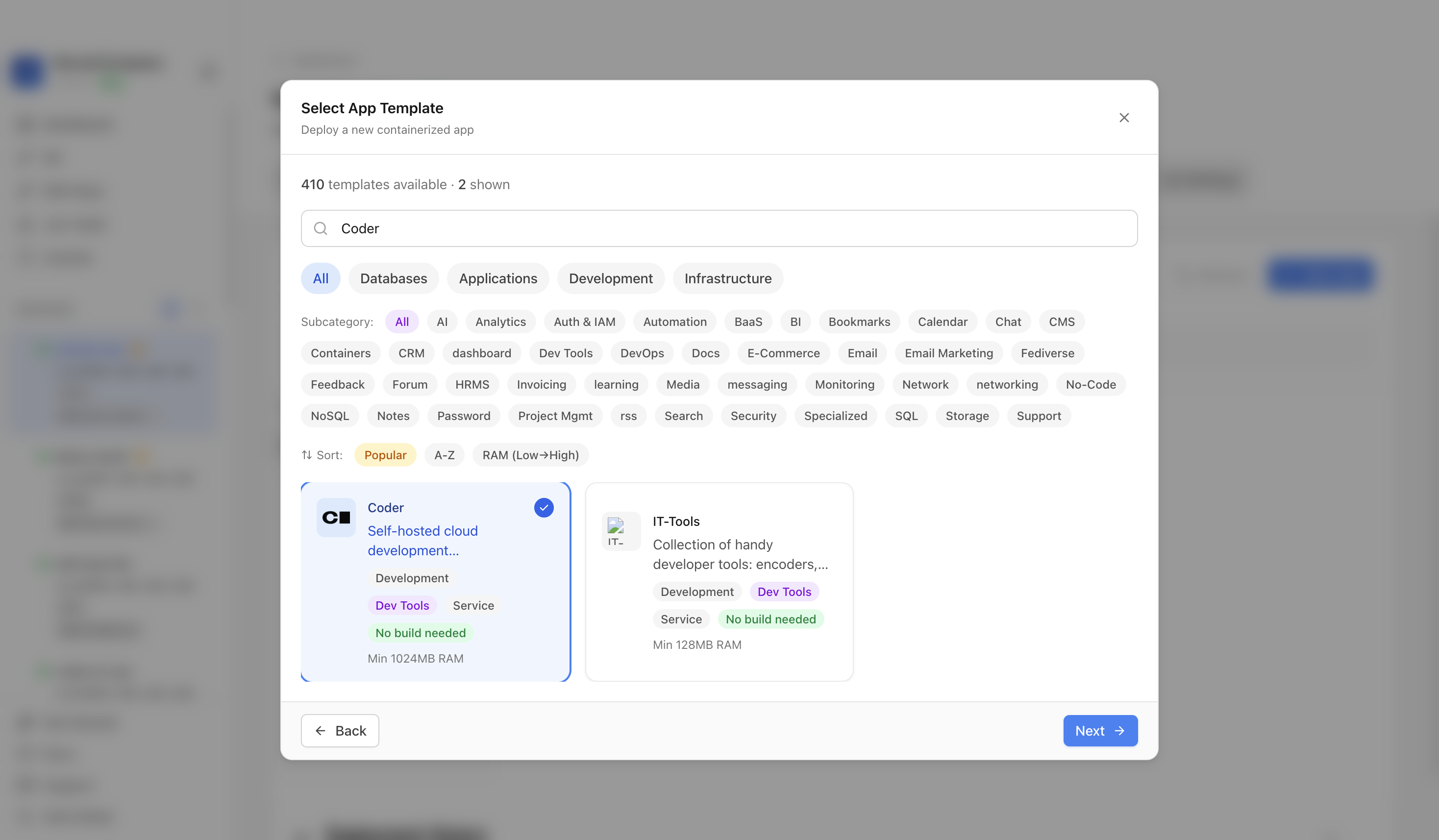 Coder template selected in Server Compass