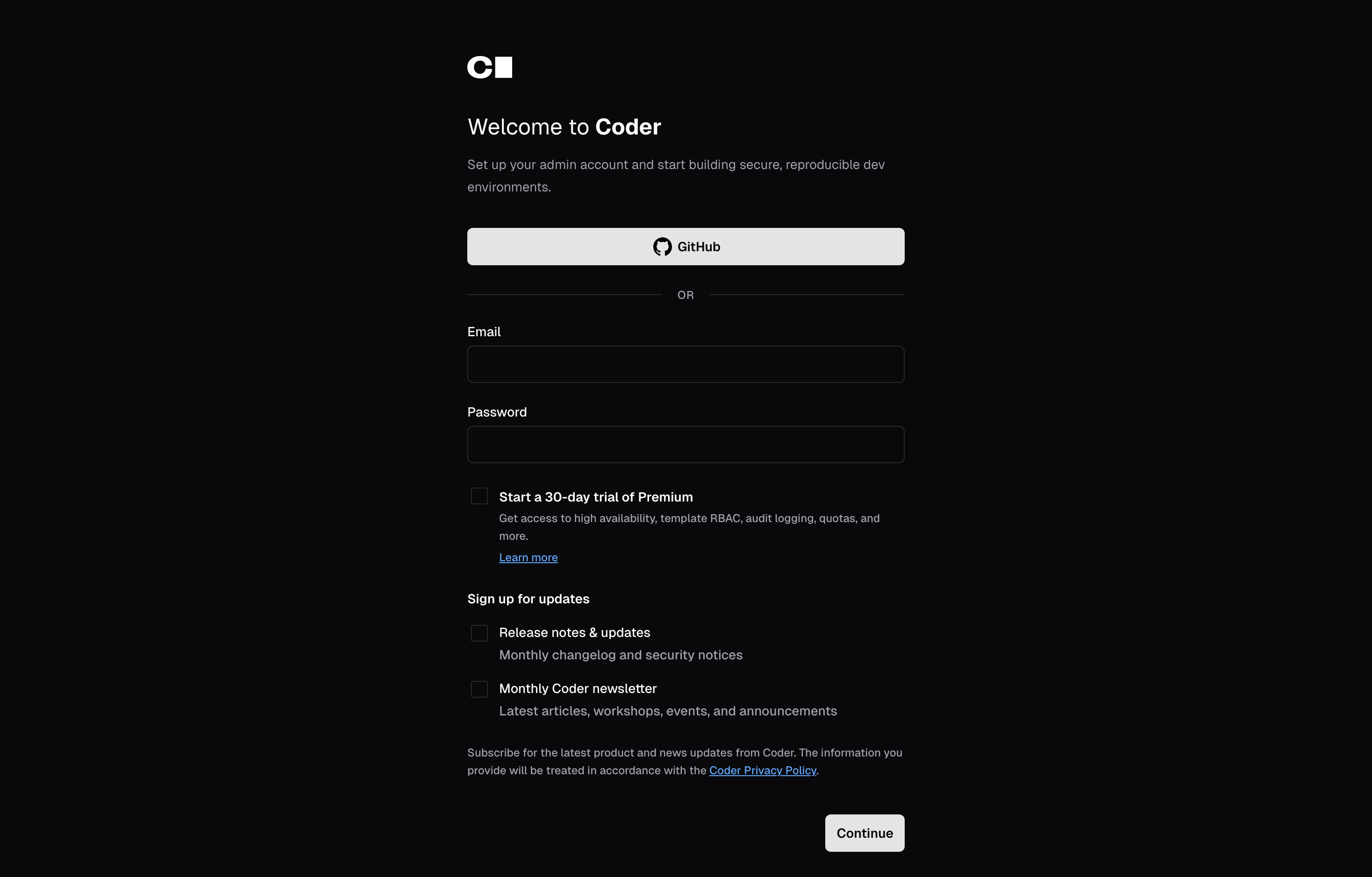 The deployed Coder web UI loaded in a browser