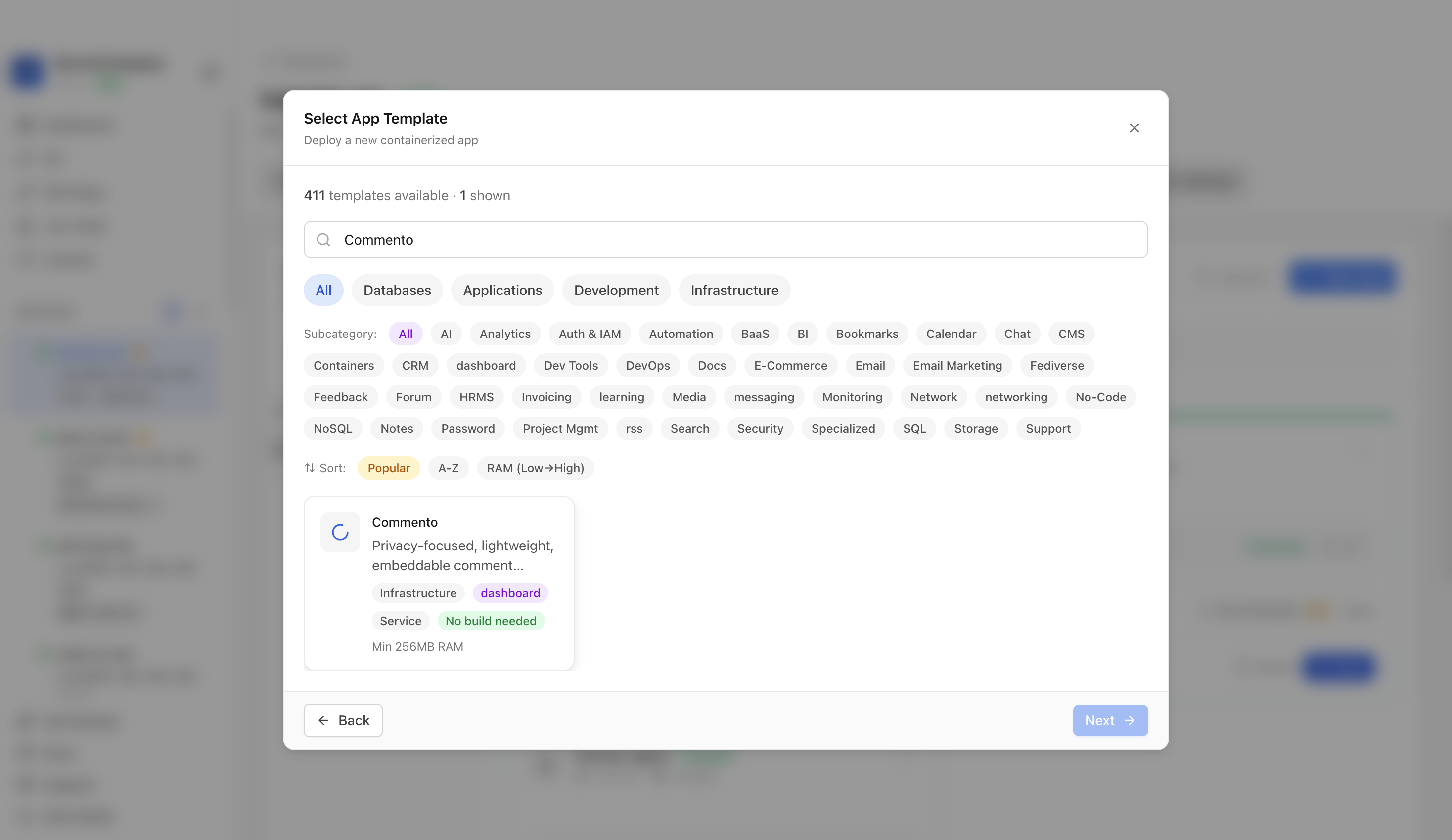 Commento template selected in Server Compass