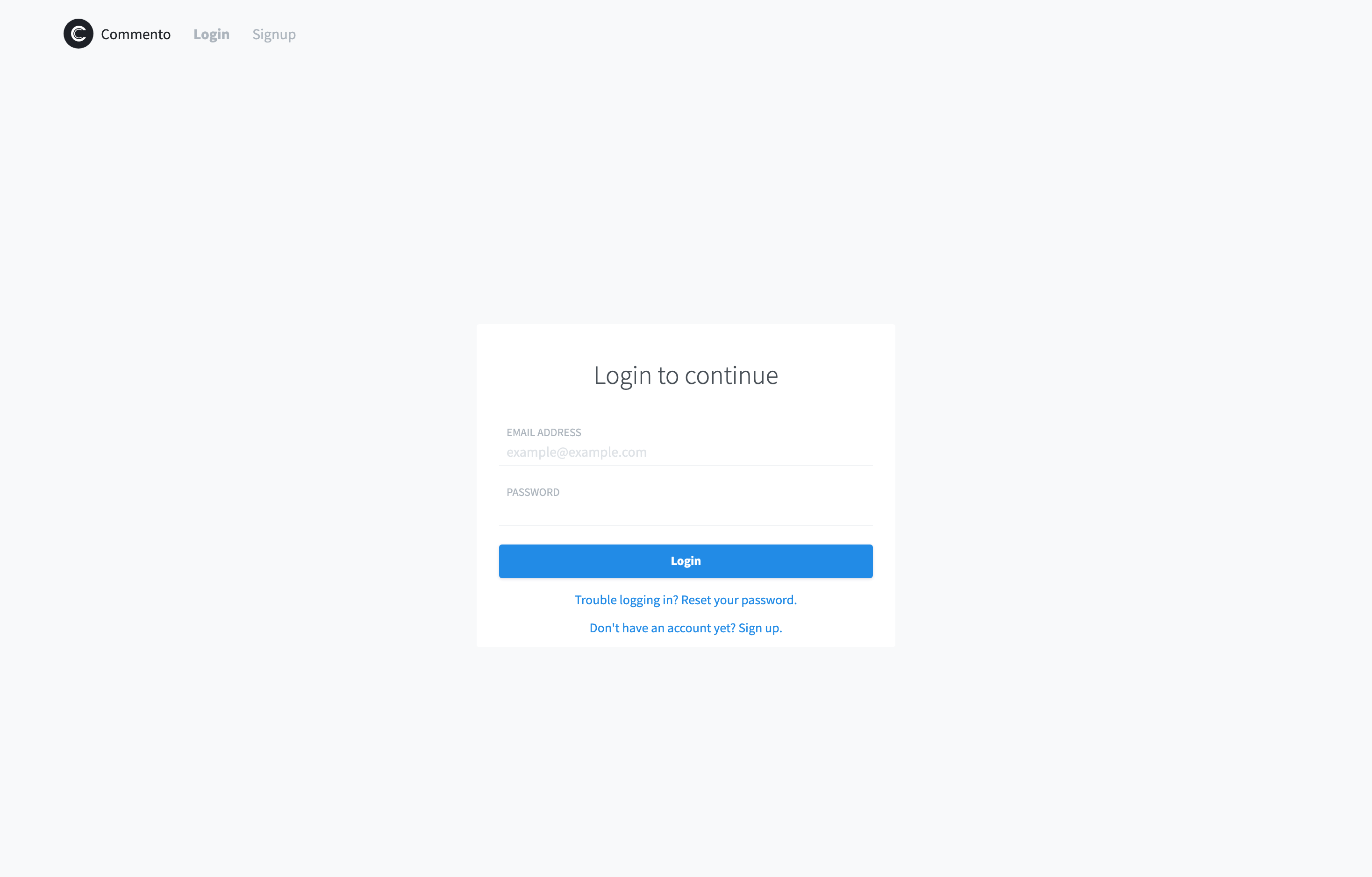 The deployed Commento web UI loaded in a browser