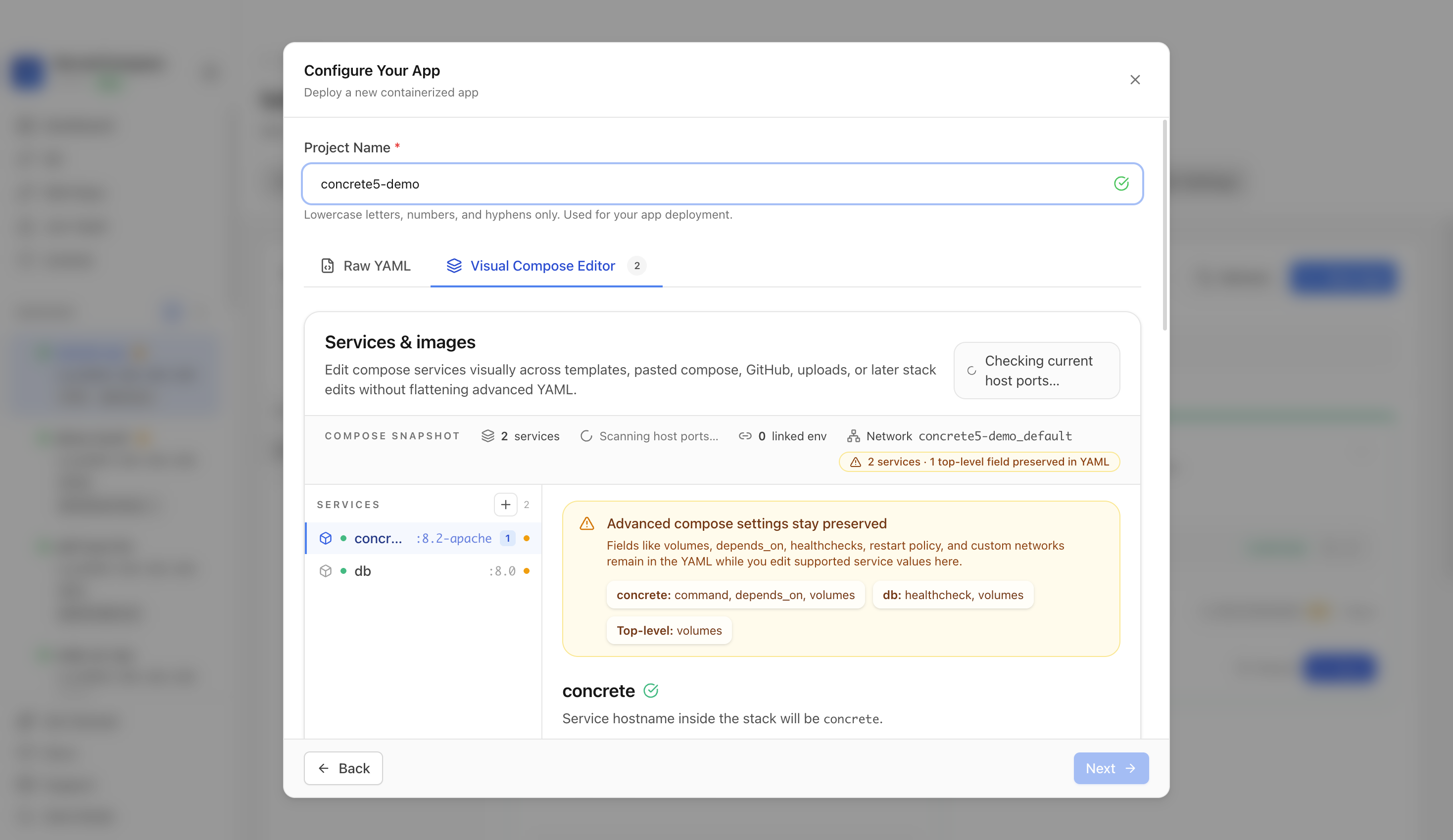 Reviewing Concrete CMS project settings and compose services