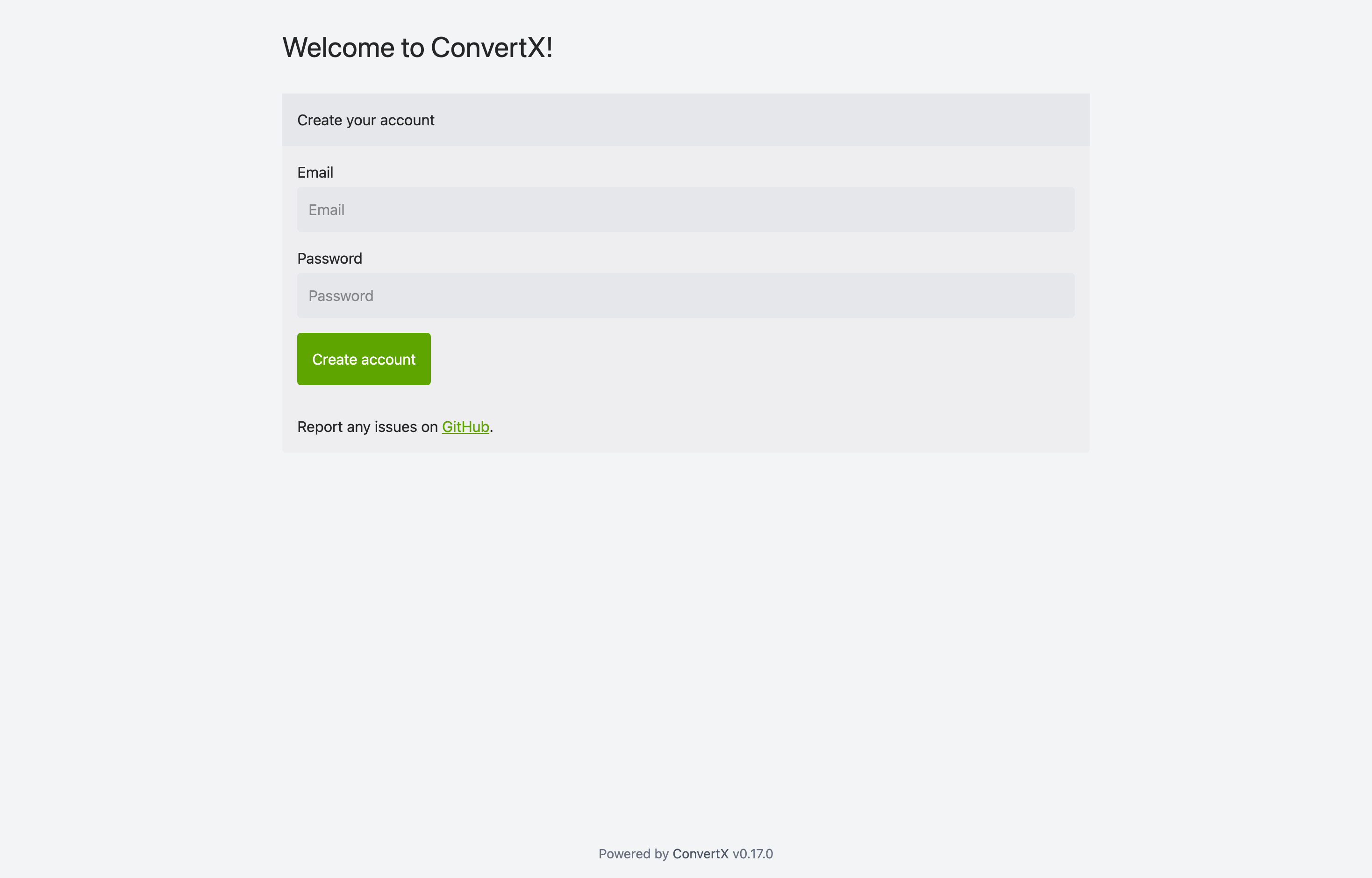 The deployed ConvertX web UI loaded in a browser