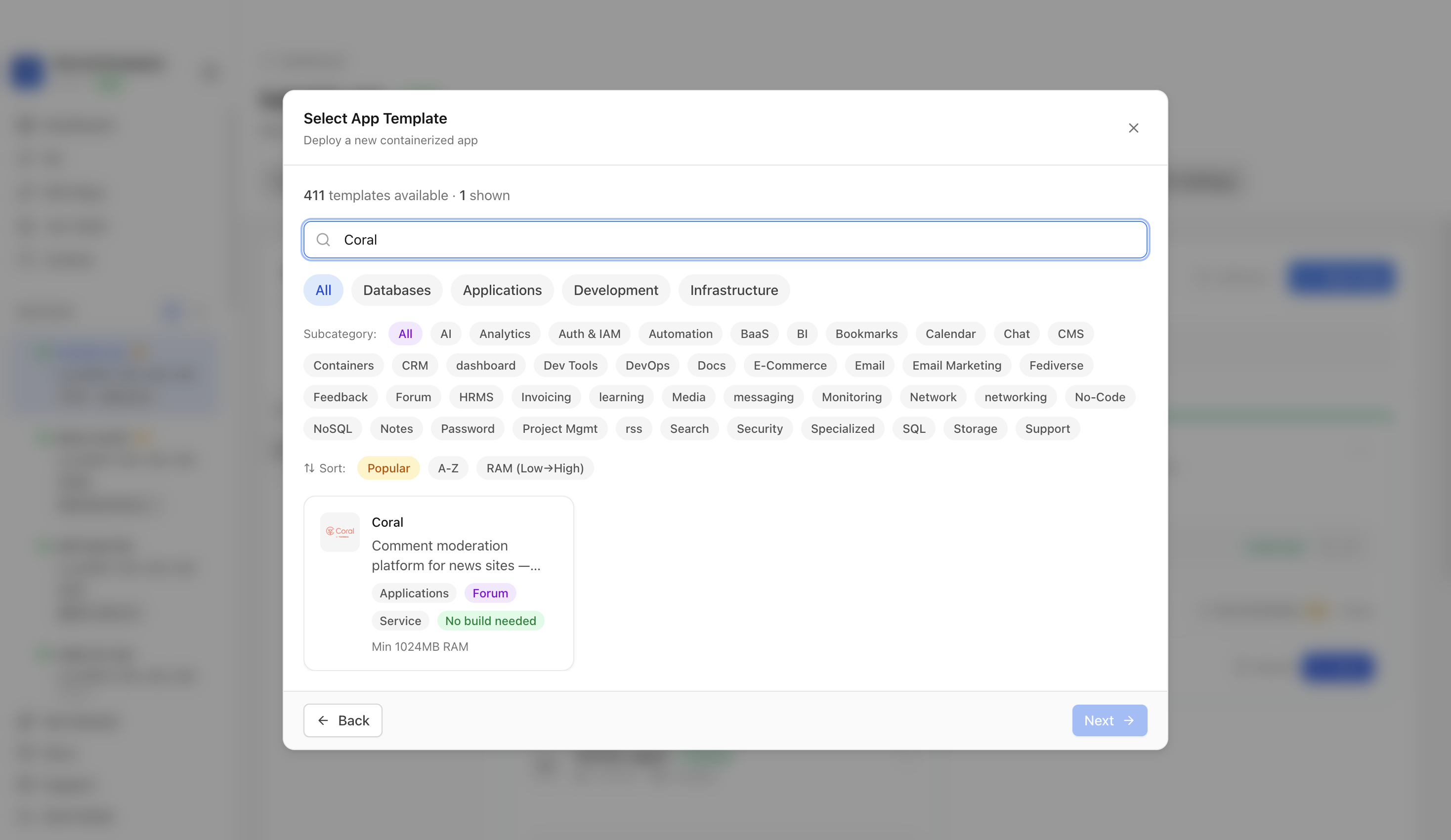 Searching for Coral in the Server Compass template picker