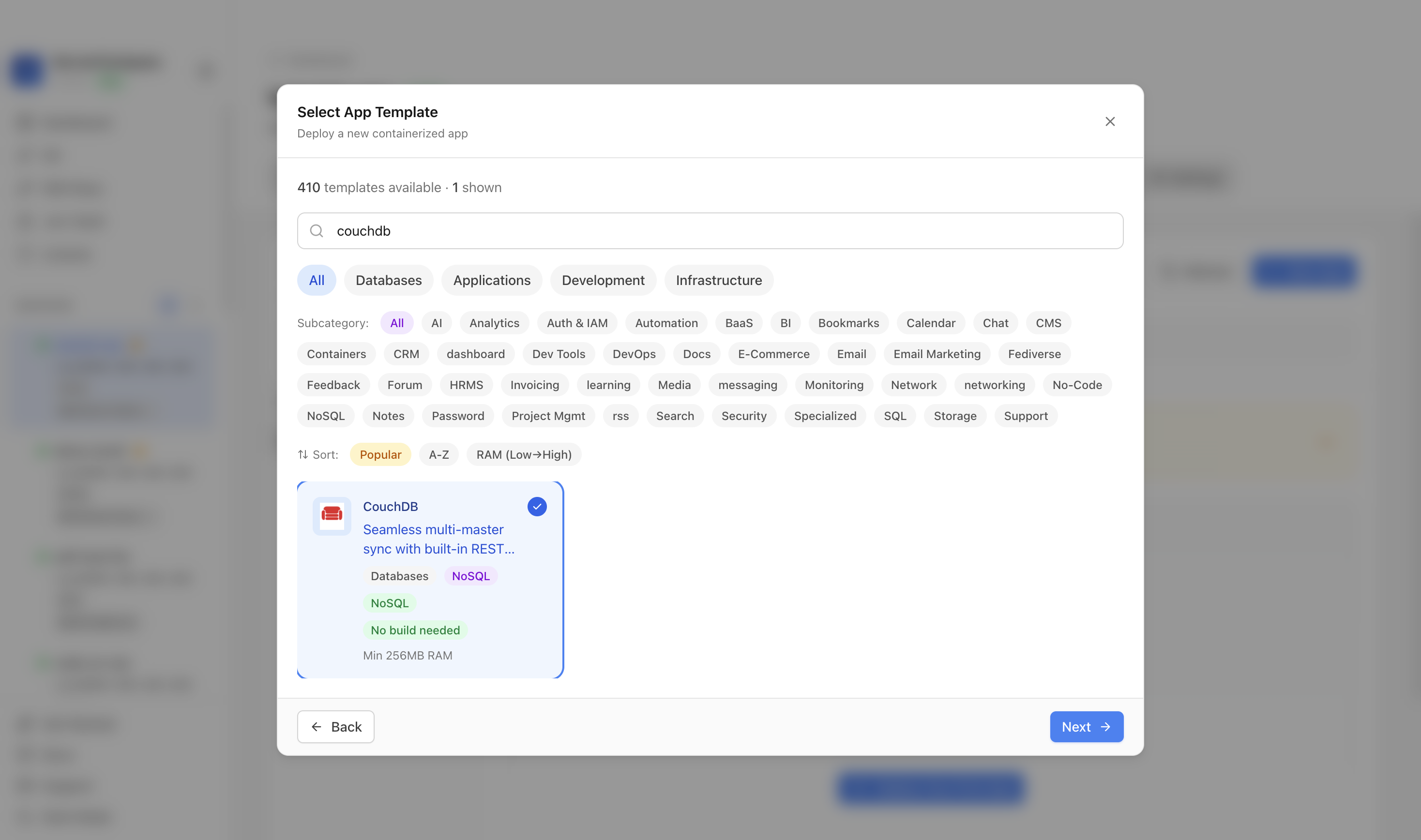 CouchDB template selected in Server Compass