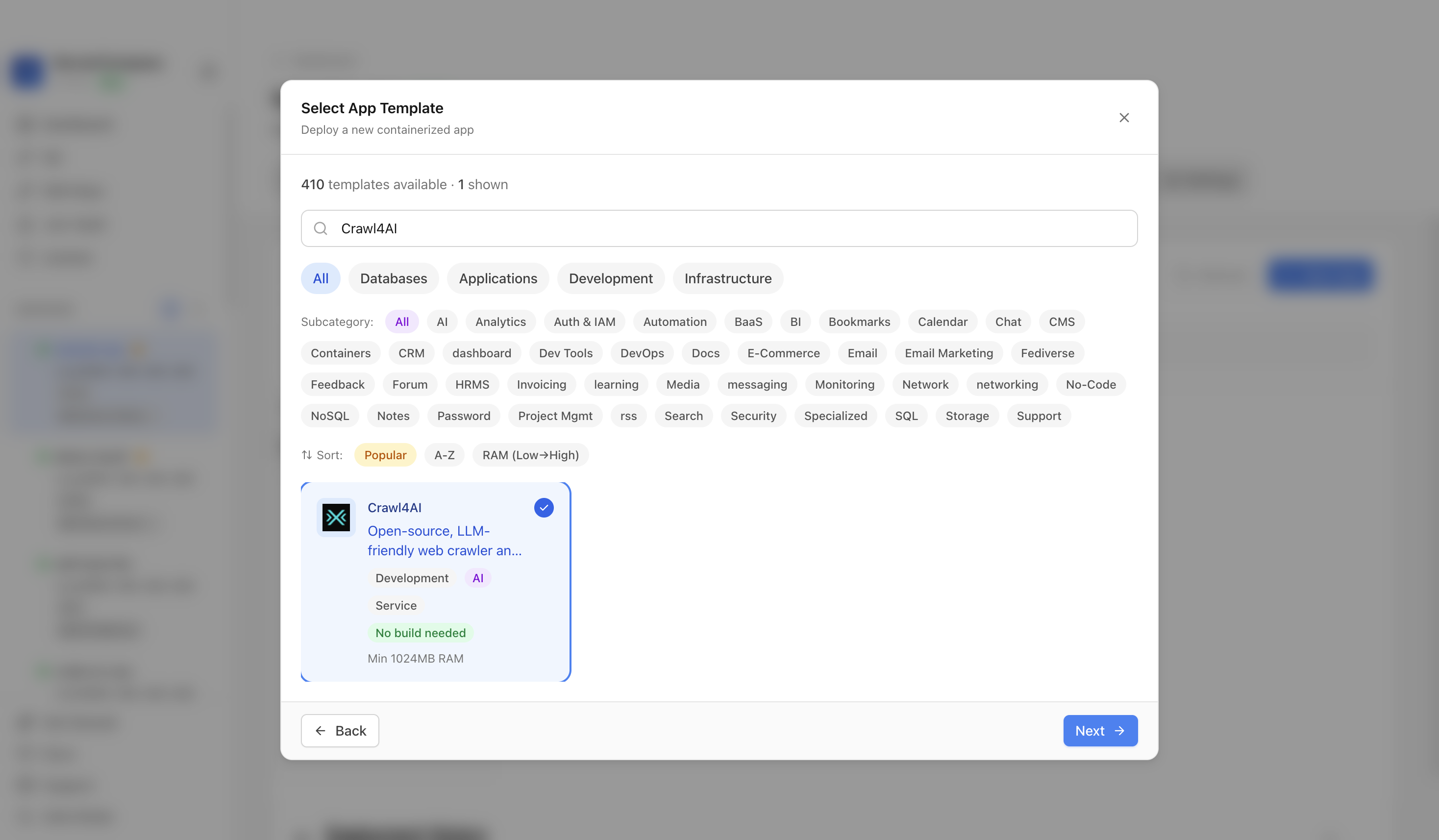 Crawl4AI template selected in Server Compass