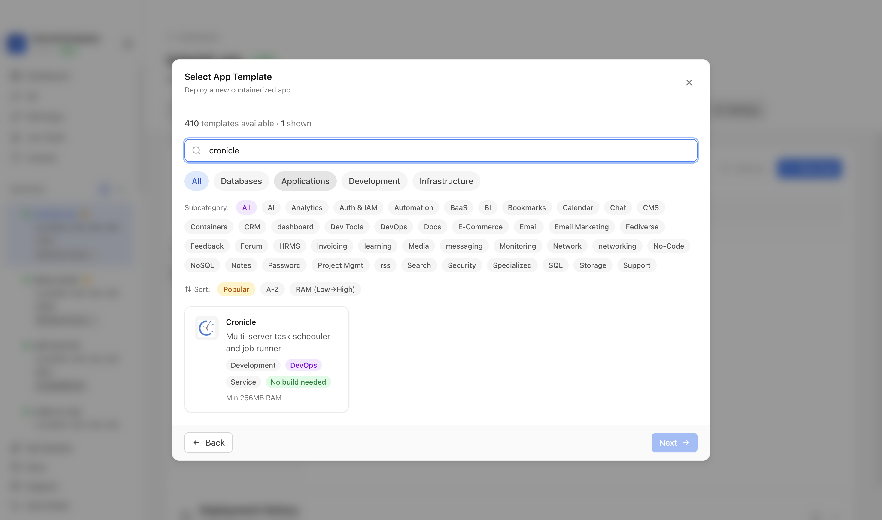 Searching for Cronicle in the Server Compass template picker