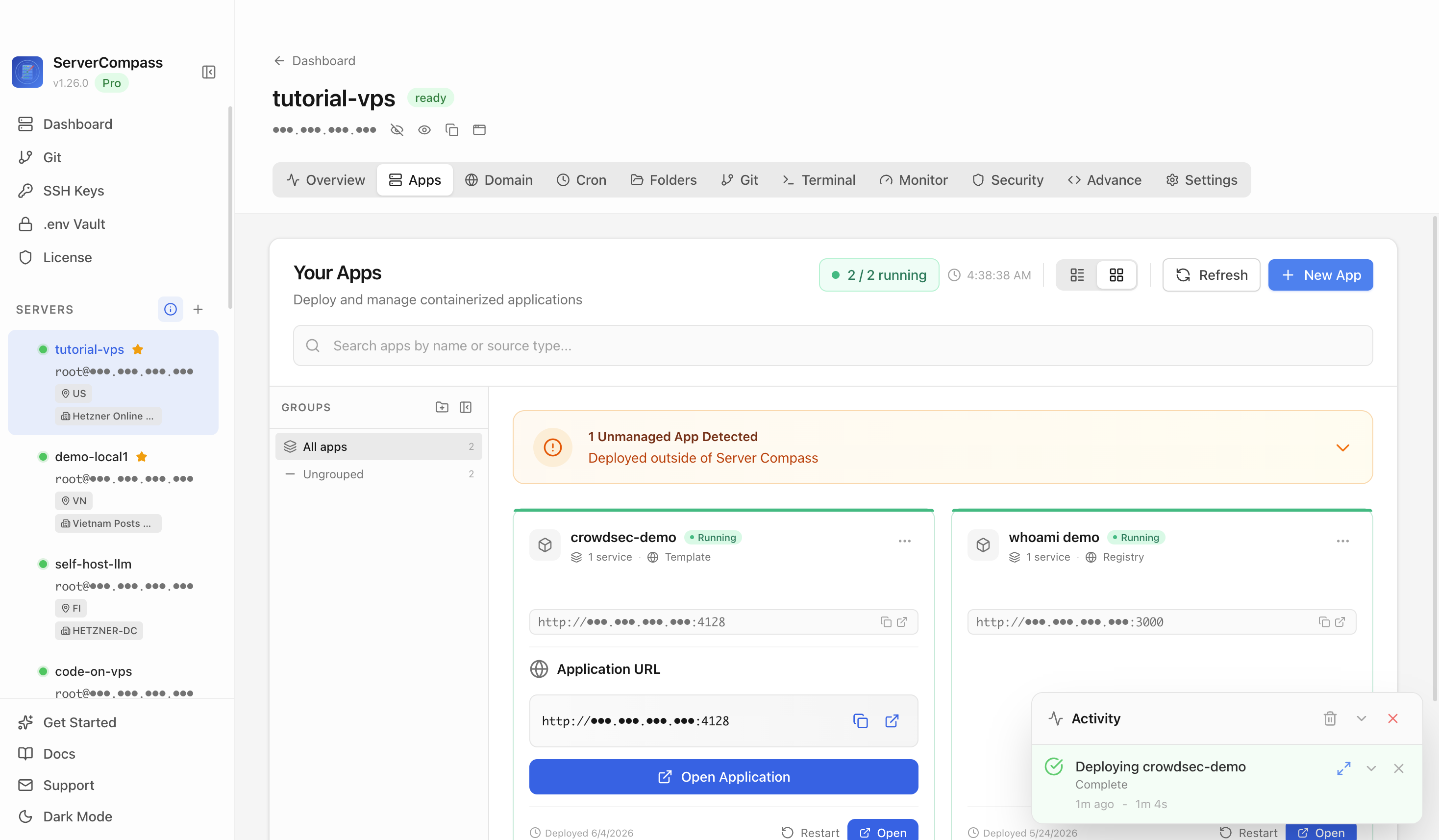 CrowdSec template running in the Server Compass Apps tab