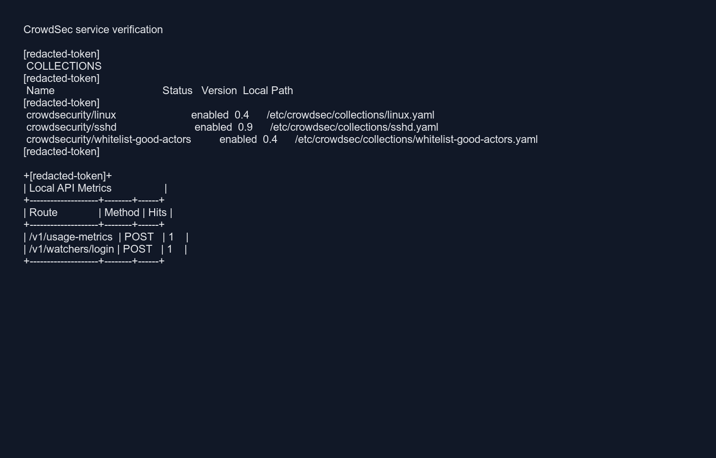 CrowdSec service verification output from cscli