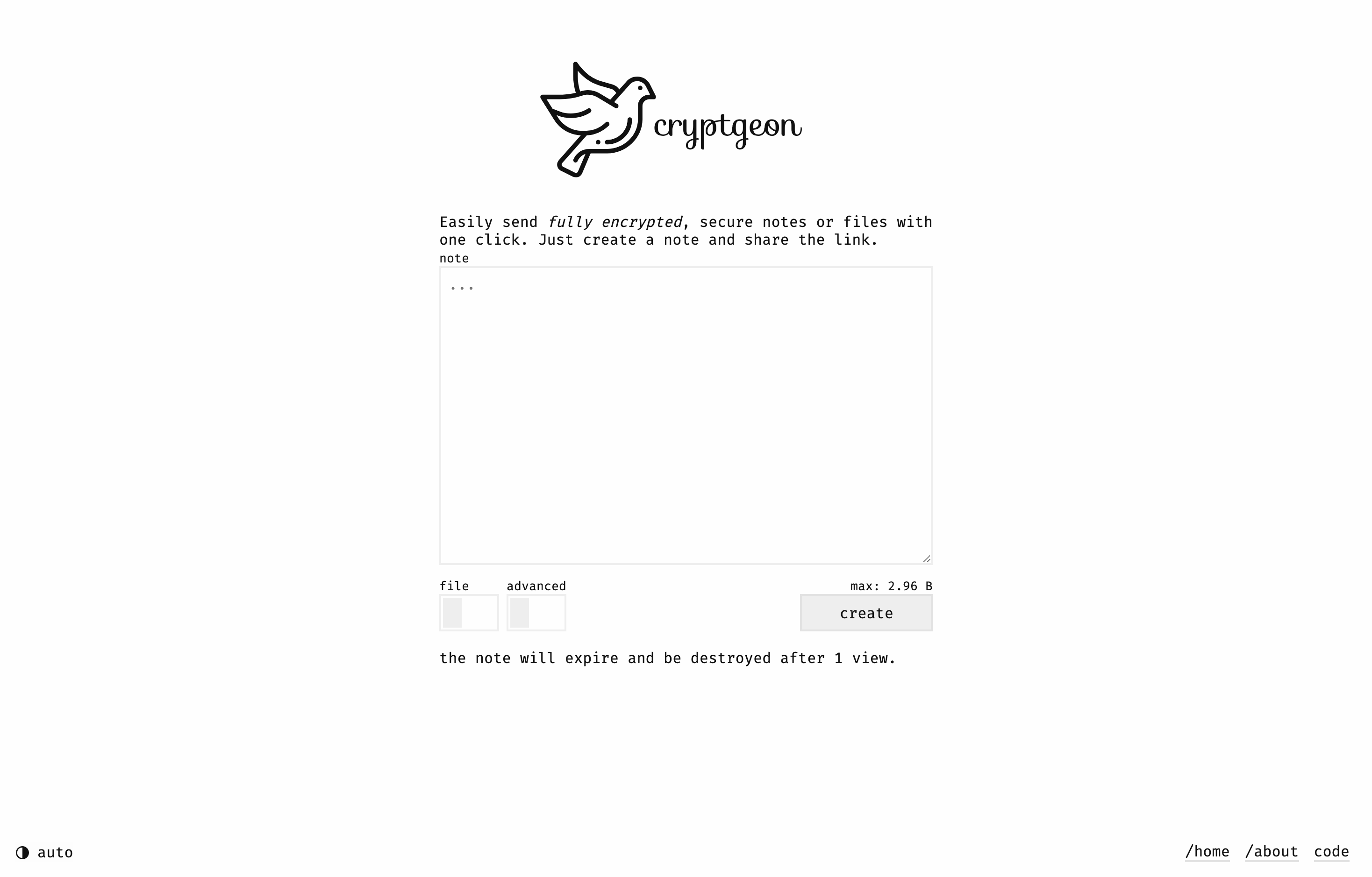 The deployed Cryptgeon web UI loaded in a browser