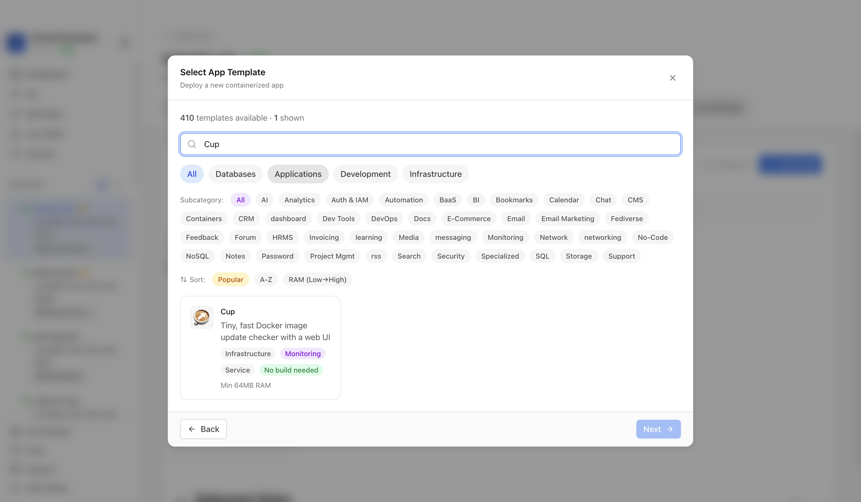 Searching for Cup in the Server Compass template picker
