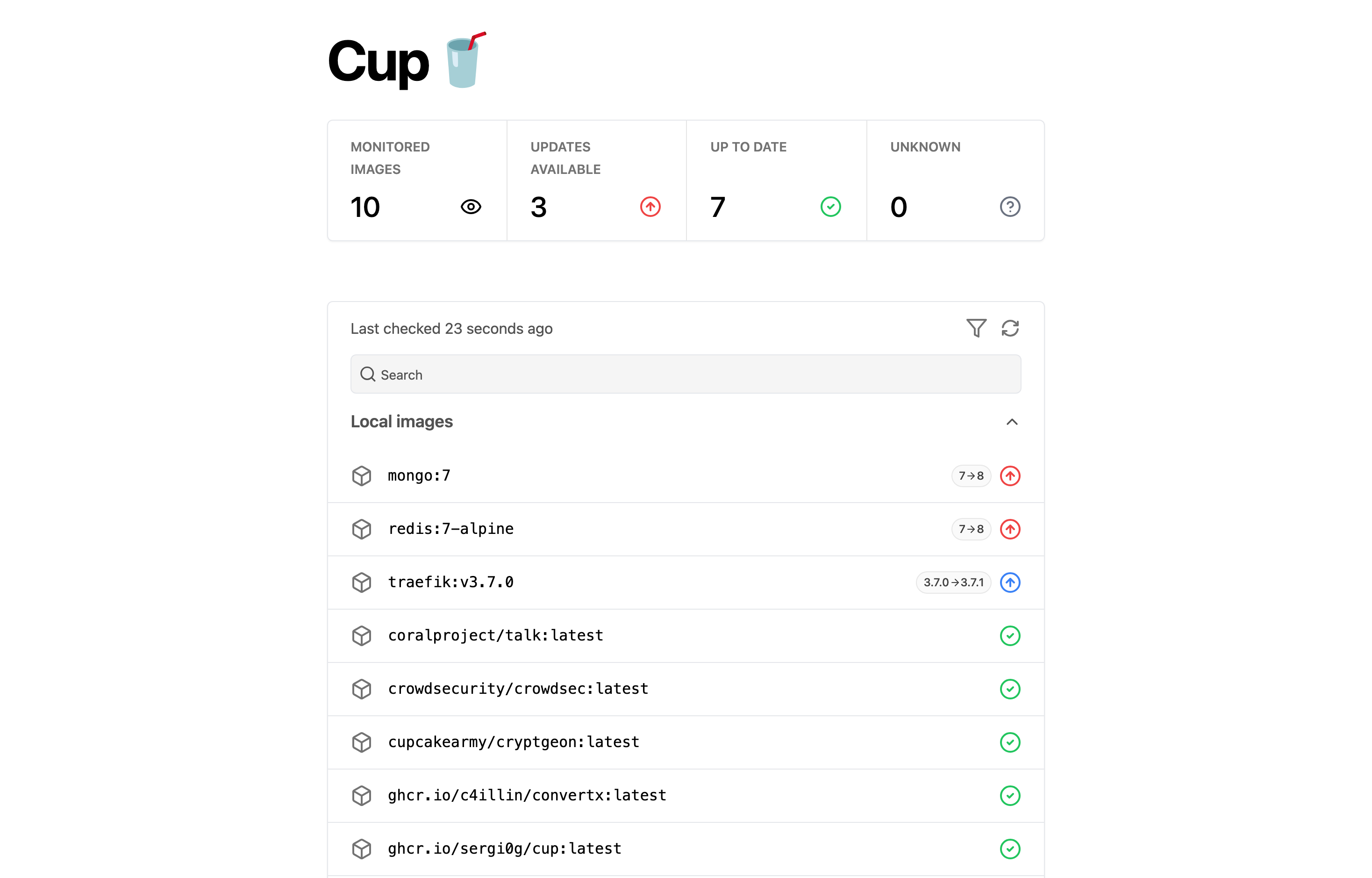 The deployed Cup web UI loaded in a browser