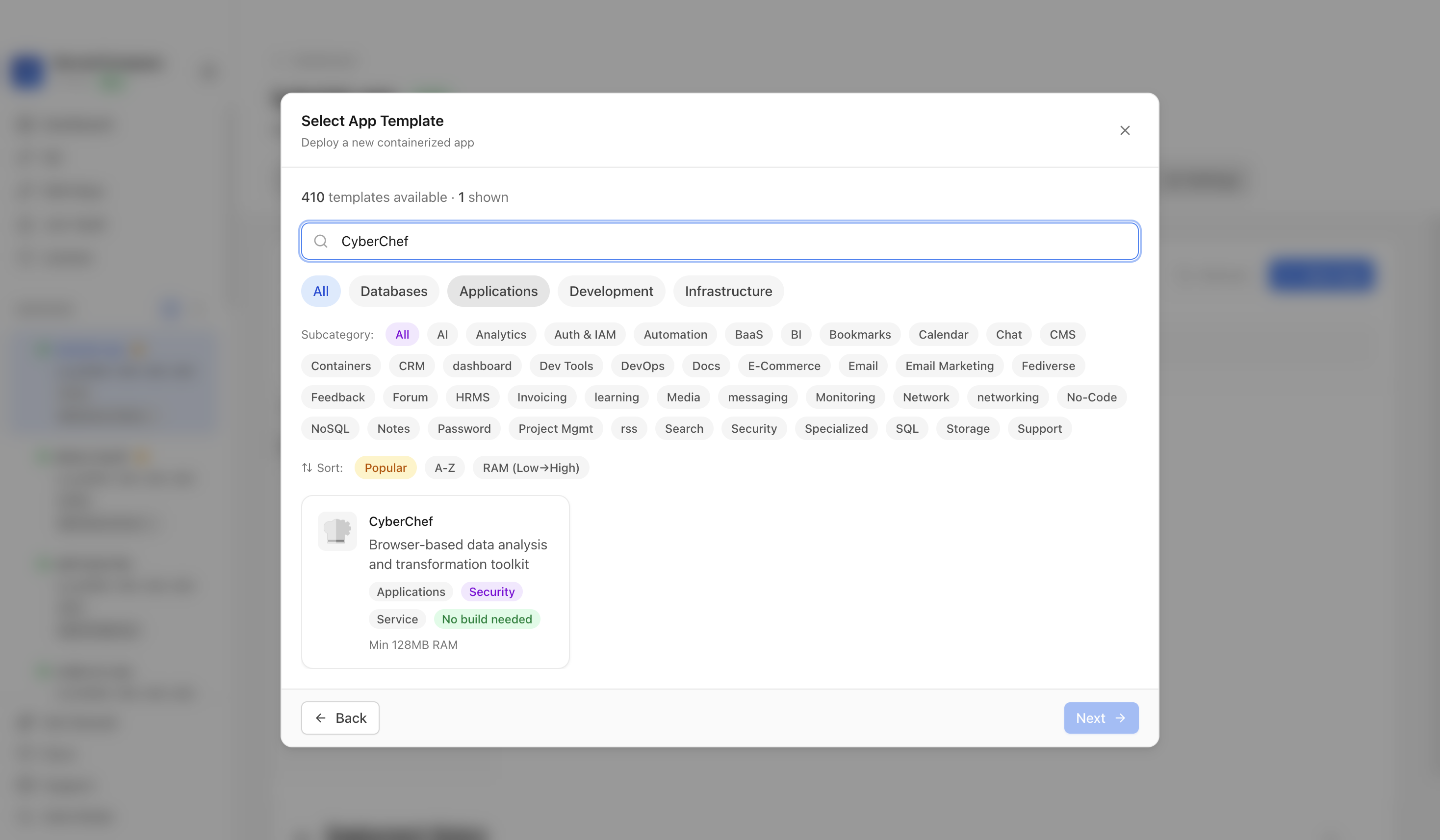 Searching for CyberChef in the Server Compass template picker