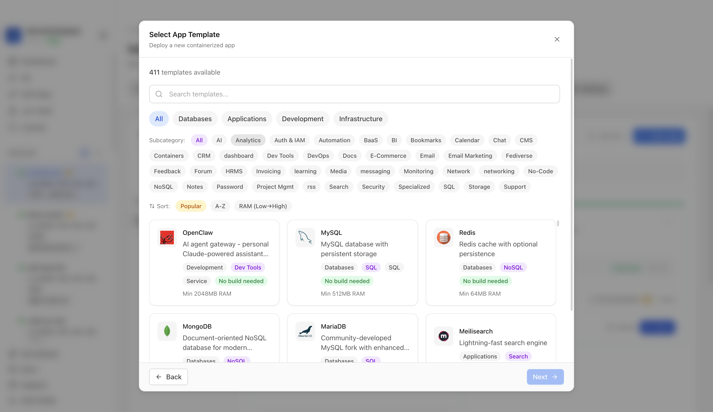 Choosing to deploy an app from a Server Compass template