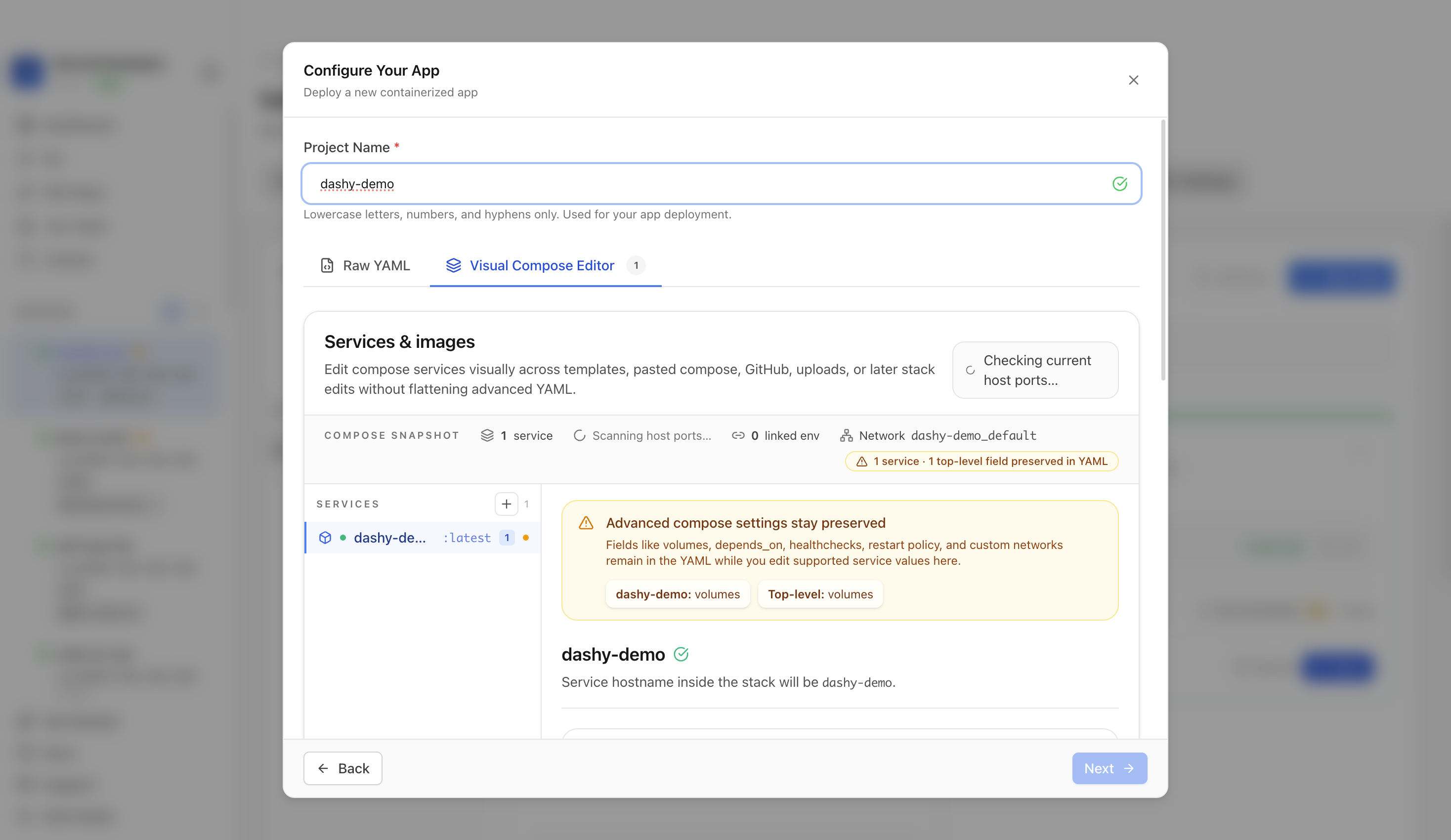 Reviewing Dashy project settings and compose service