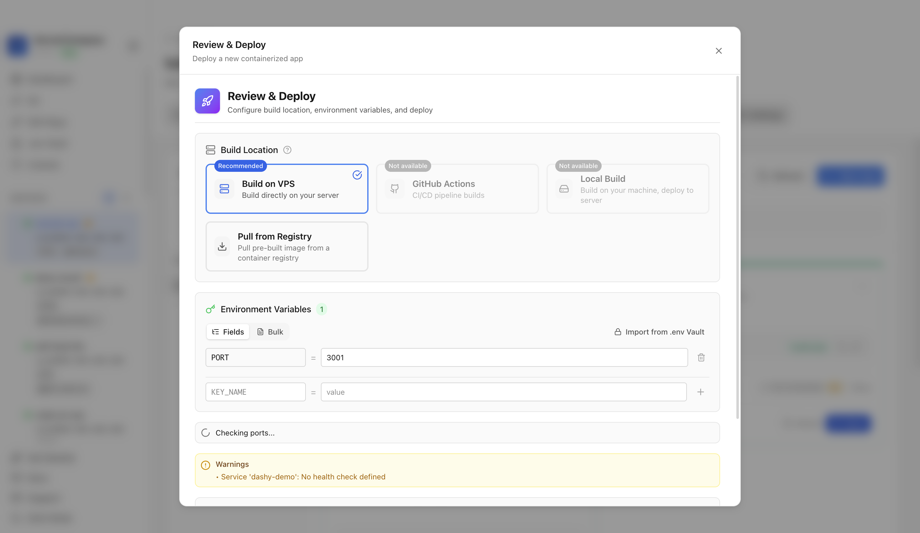 Reviewing Dashy port and volume before deployment