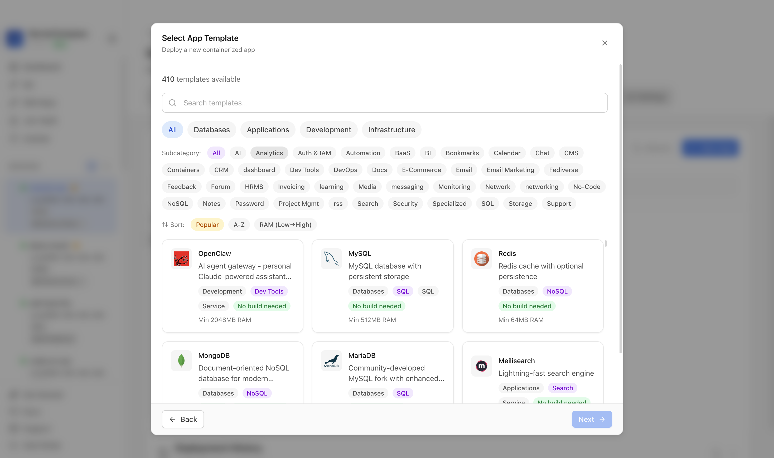 Choosing to deploy an app from a Server Compass template
