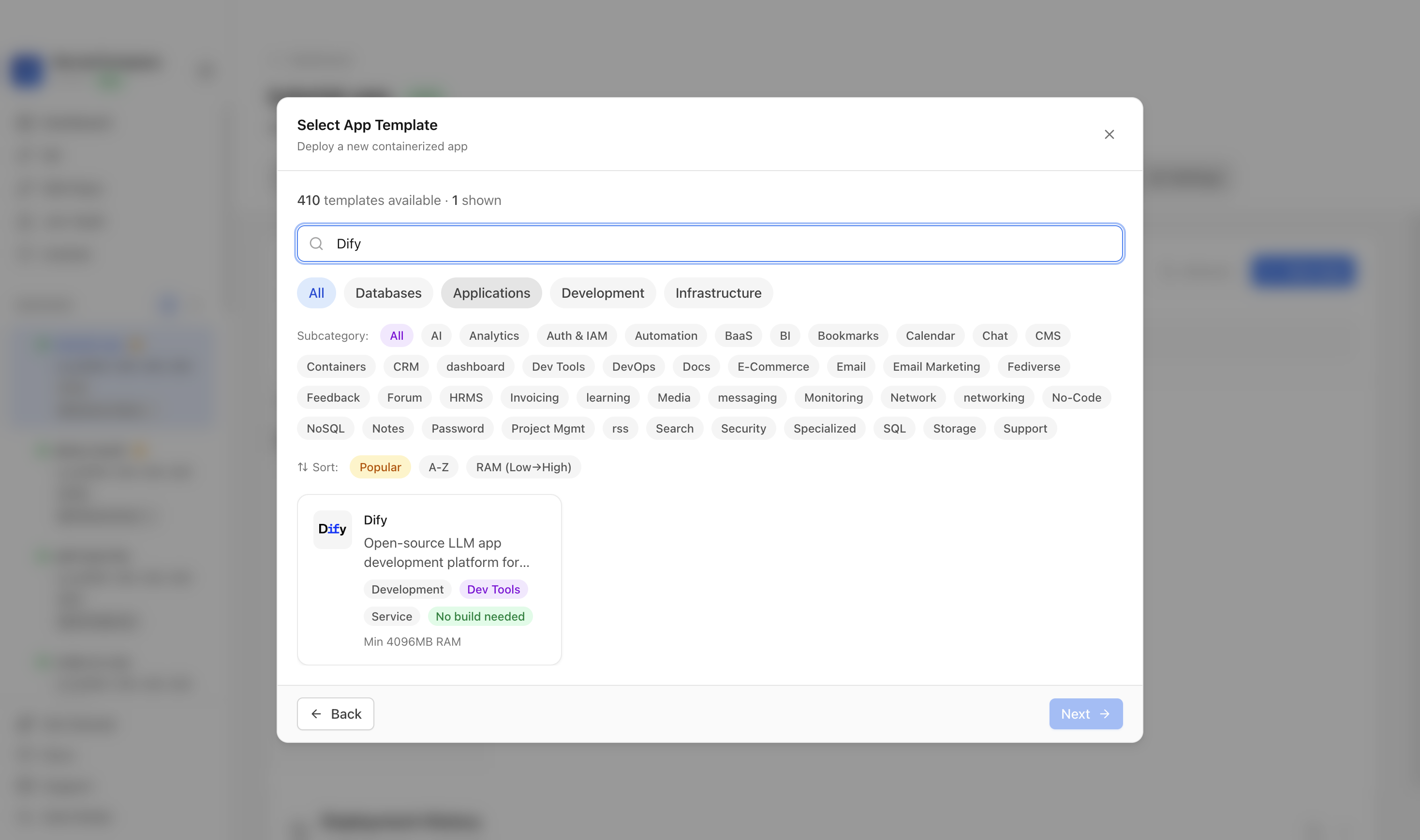Searching for Dify in the Server Compass template picker