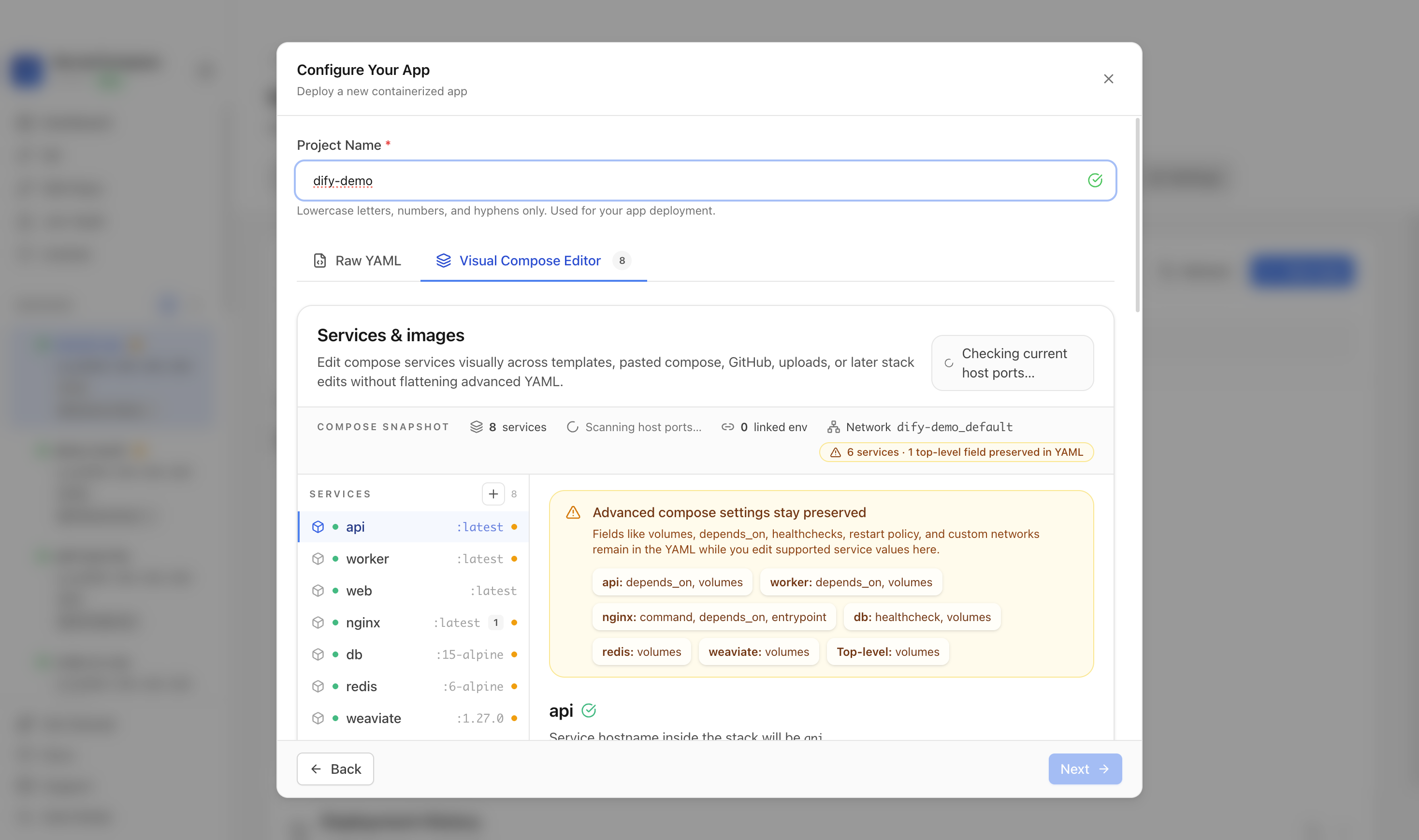 Reviewing Dify project settings and compose services