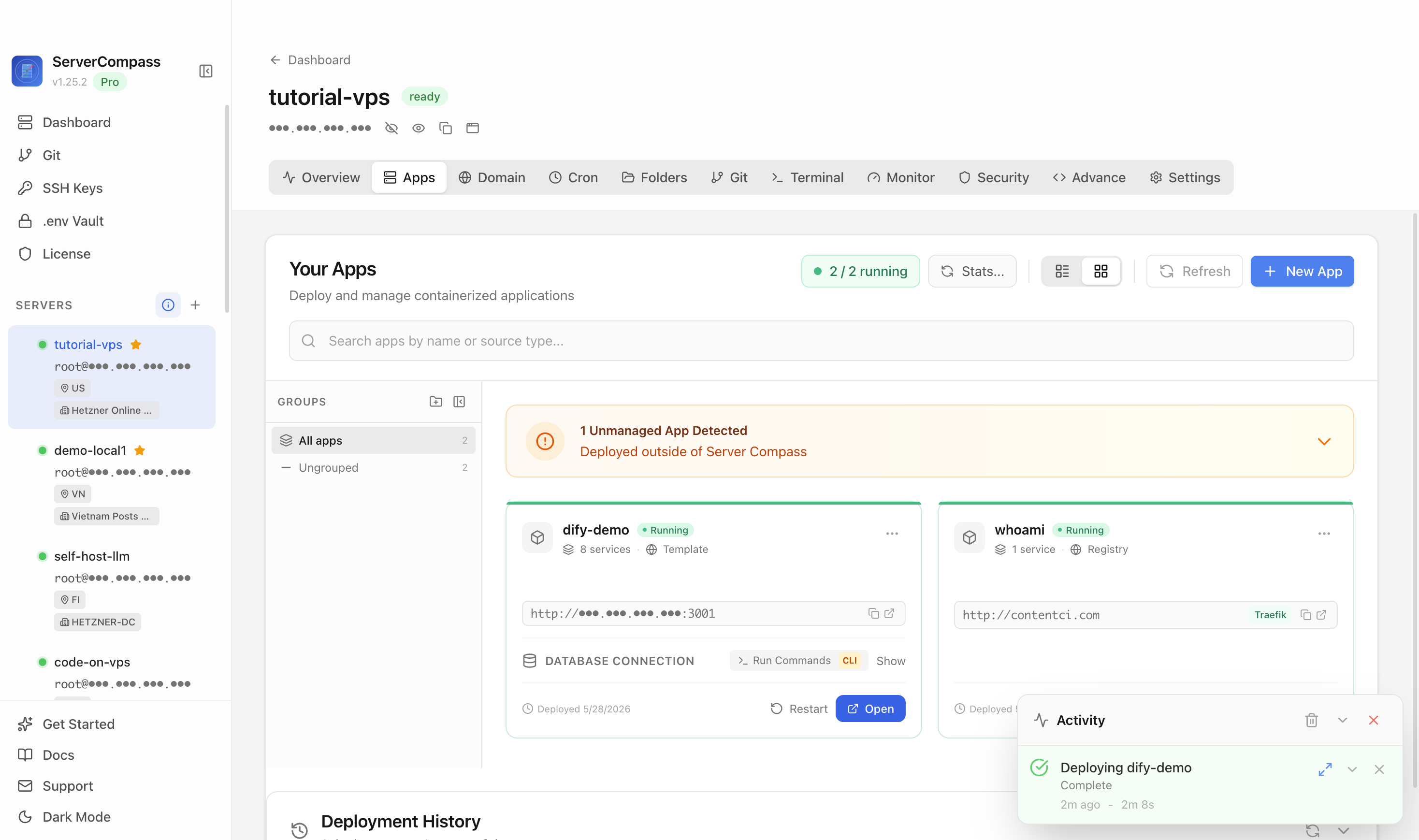 Dify template running in the Server Compass Apps tab