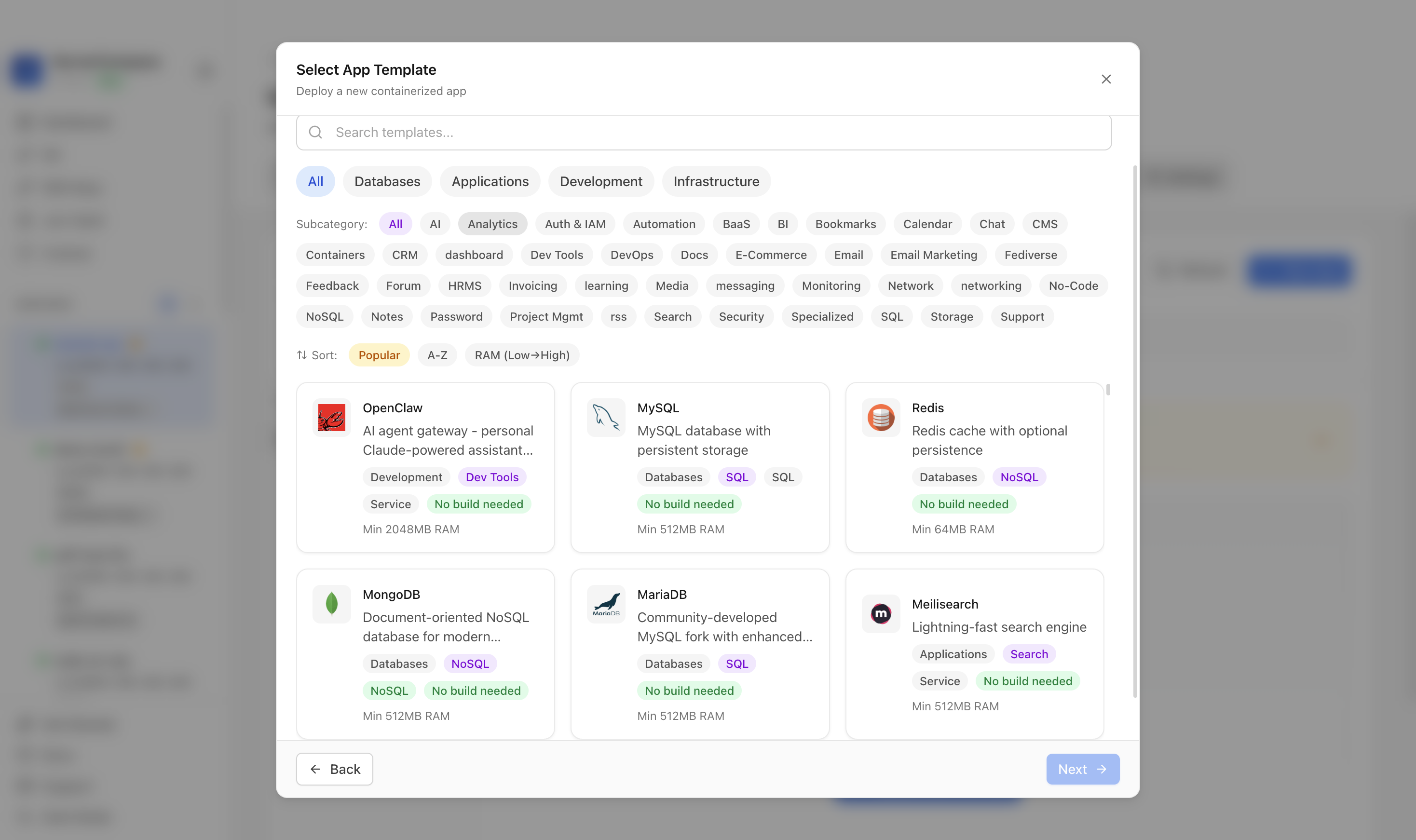 Choosing to deploy an app from a Server Compass template