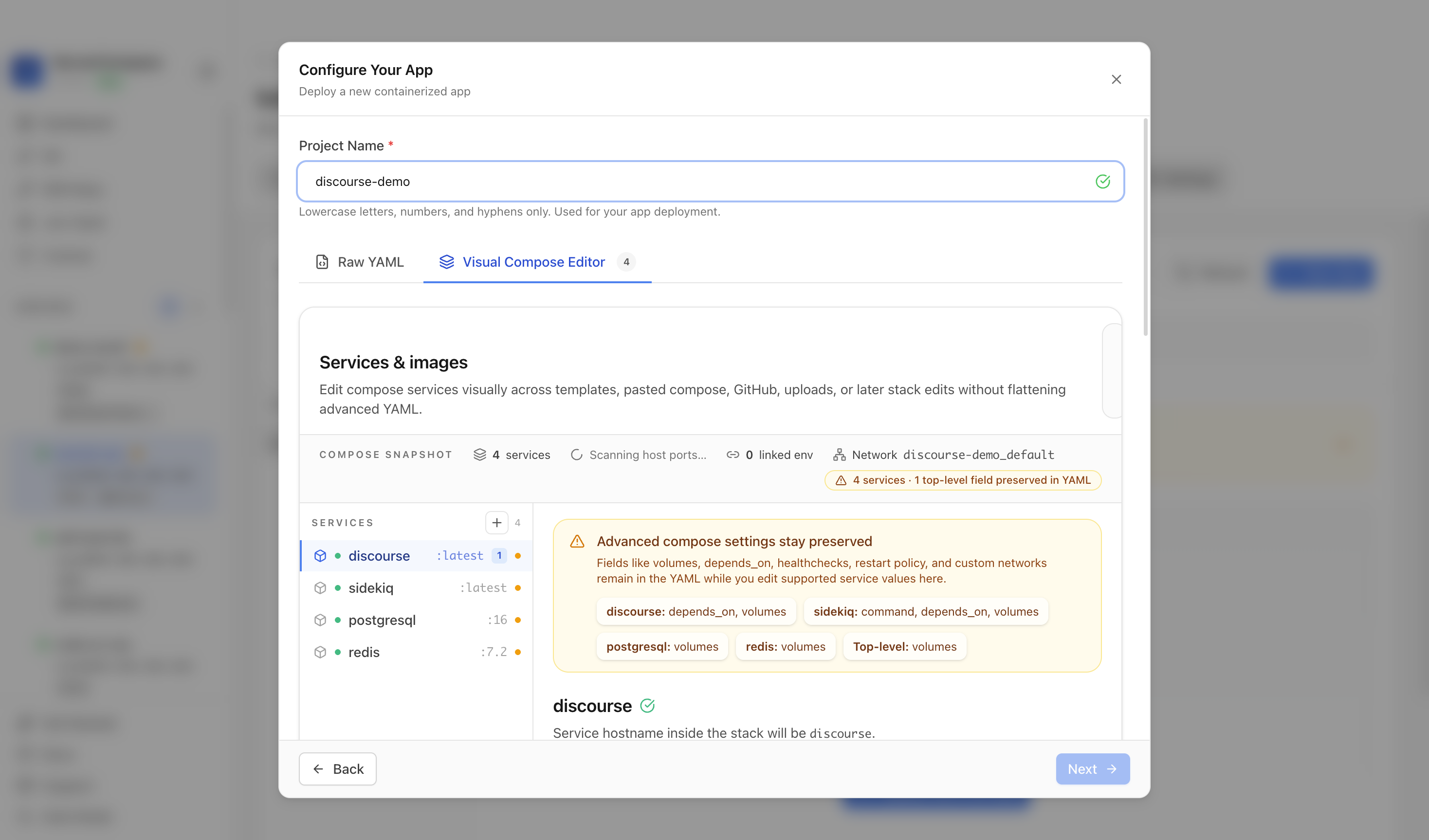 Reviewing Discourse project settings and compose services