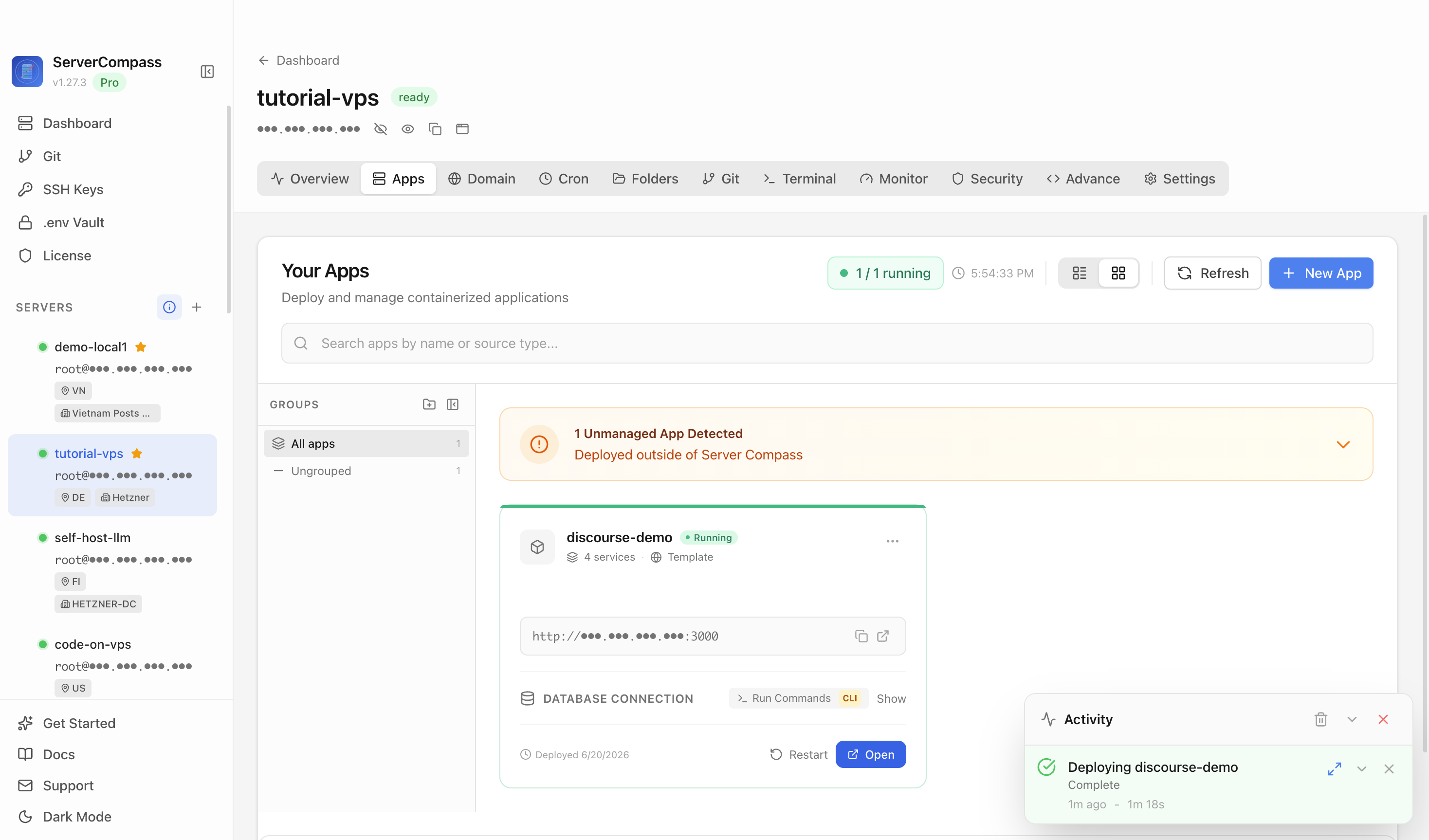 Discourse template running in the Server Compass Apps tab