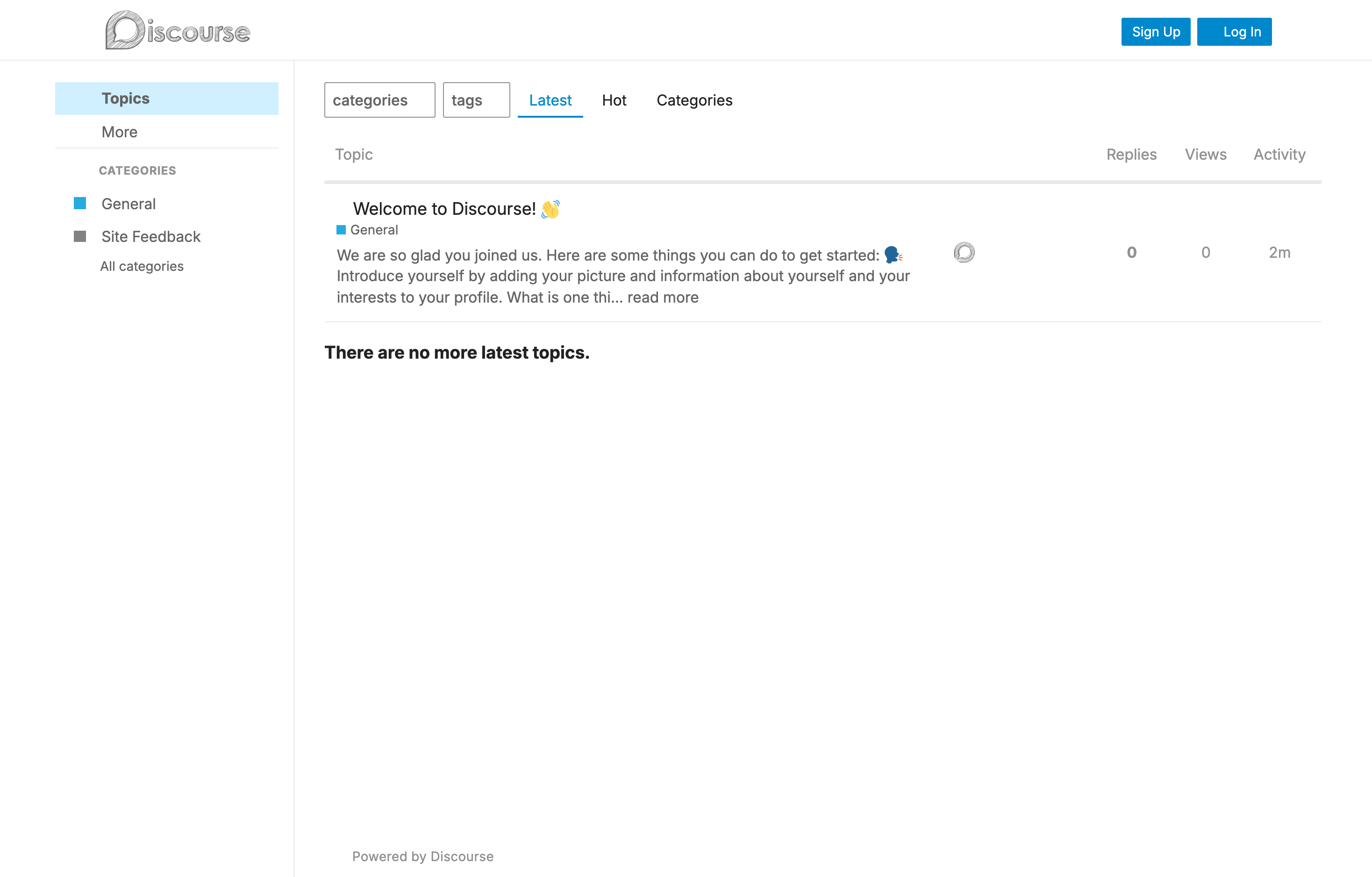 The deployed Discourse web UI loaded in a browser