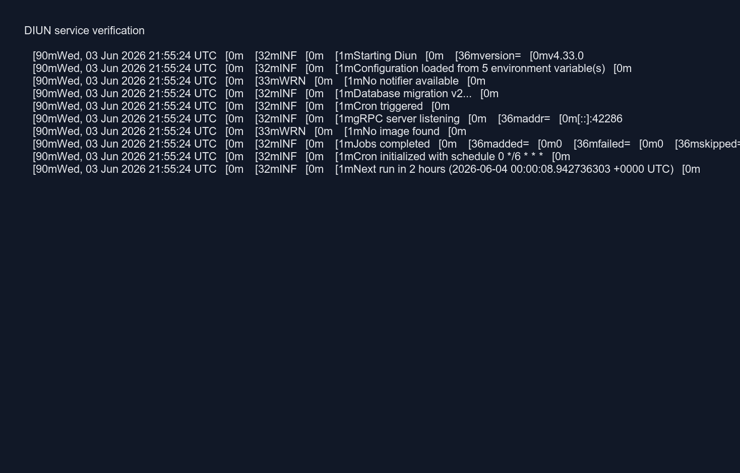 DIUN service verification output from logs
