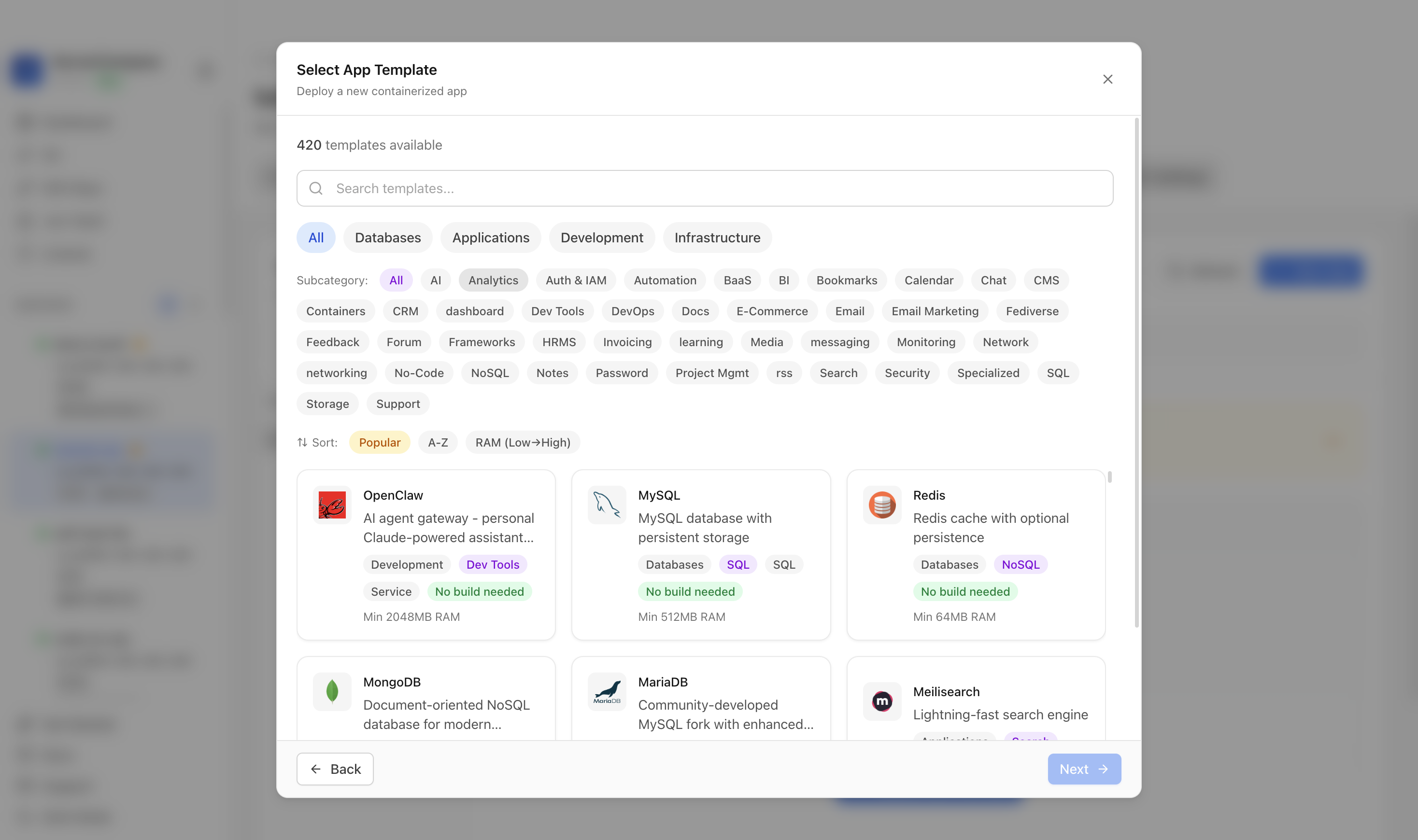 Choosing to deploy an app from a Server Compass template