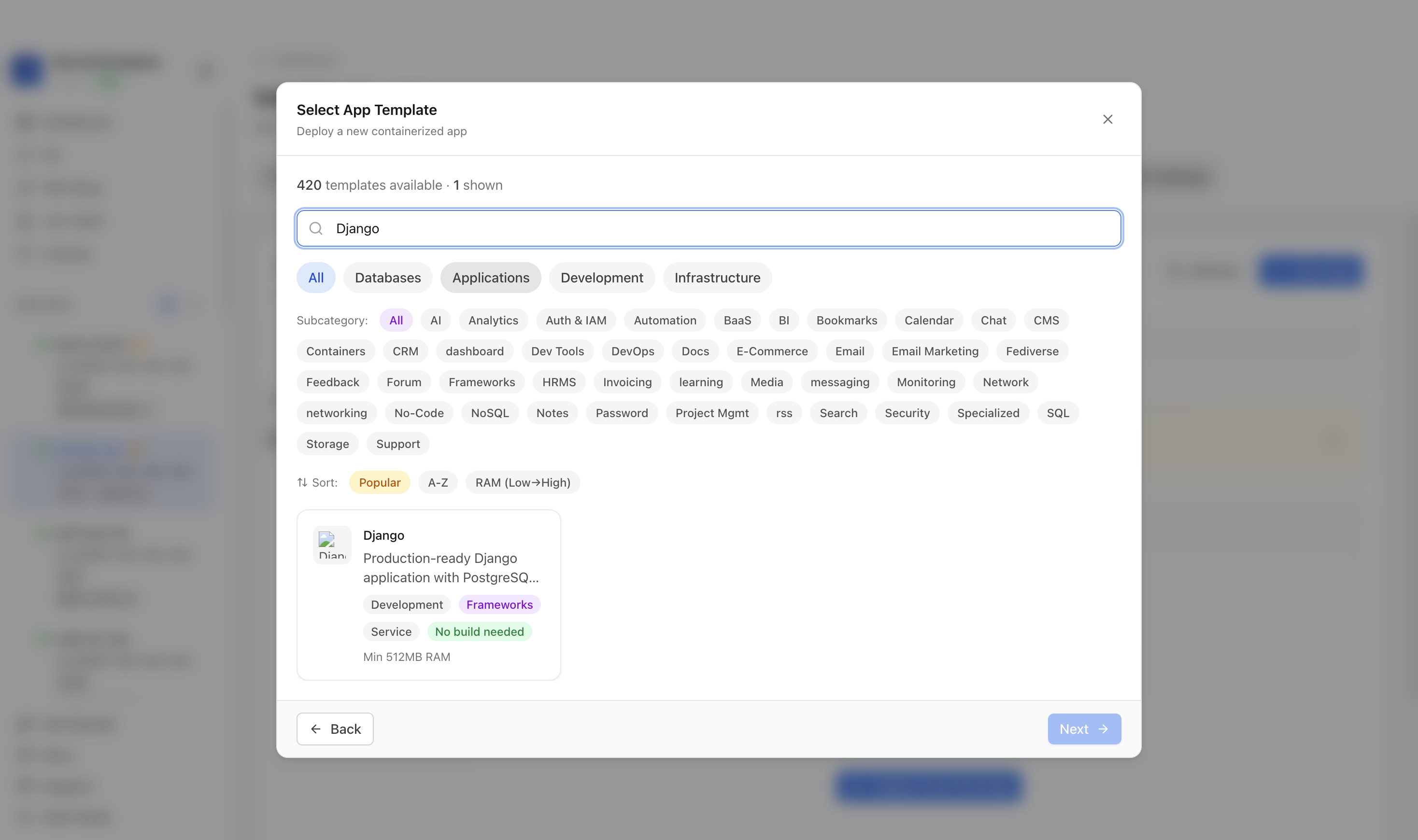 Searching for Django in the Server Compass template picker