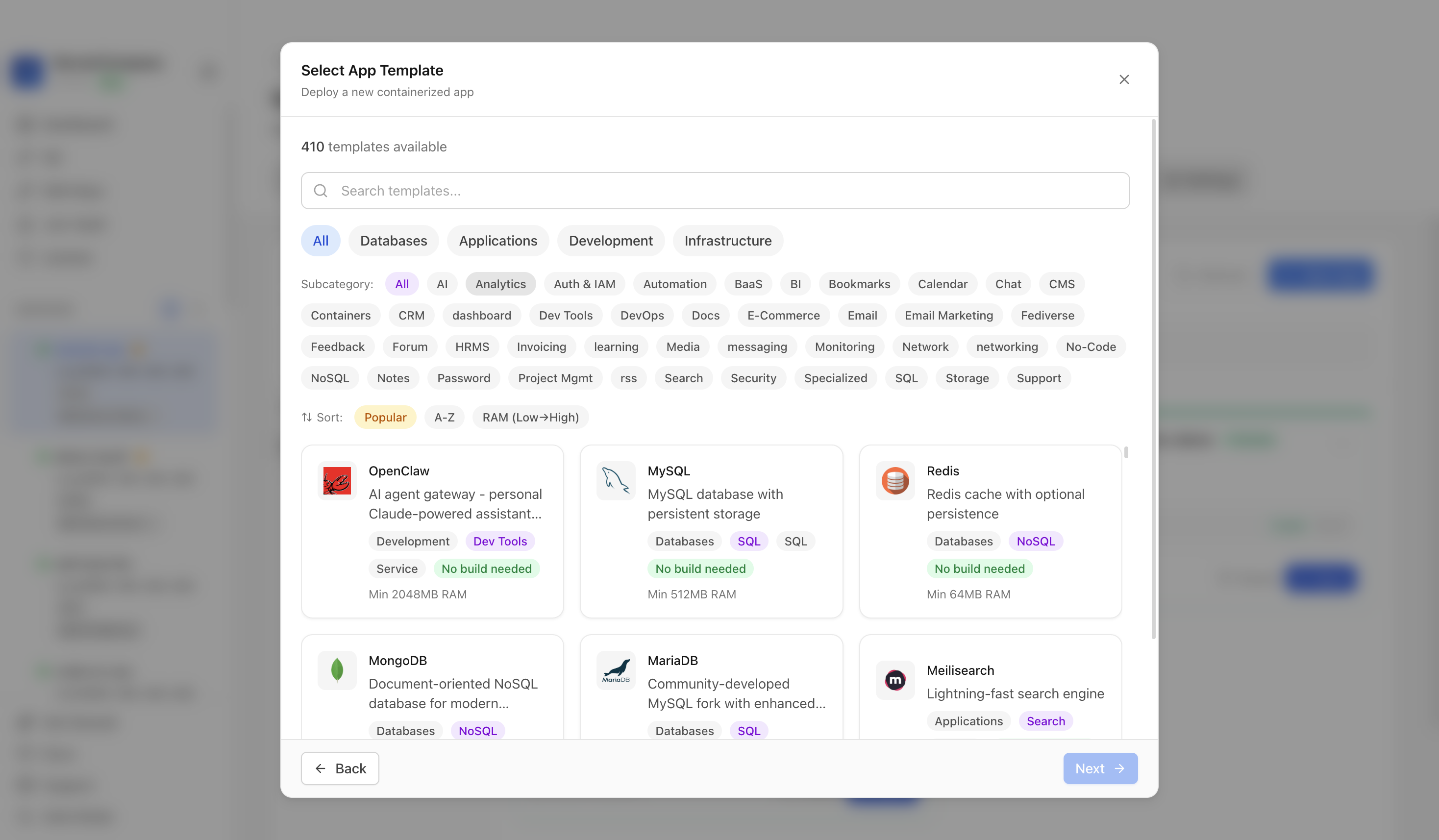 Choosing to deploy an app from a Server Compass template