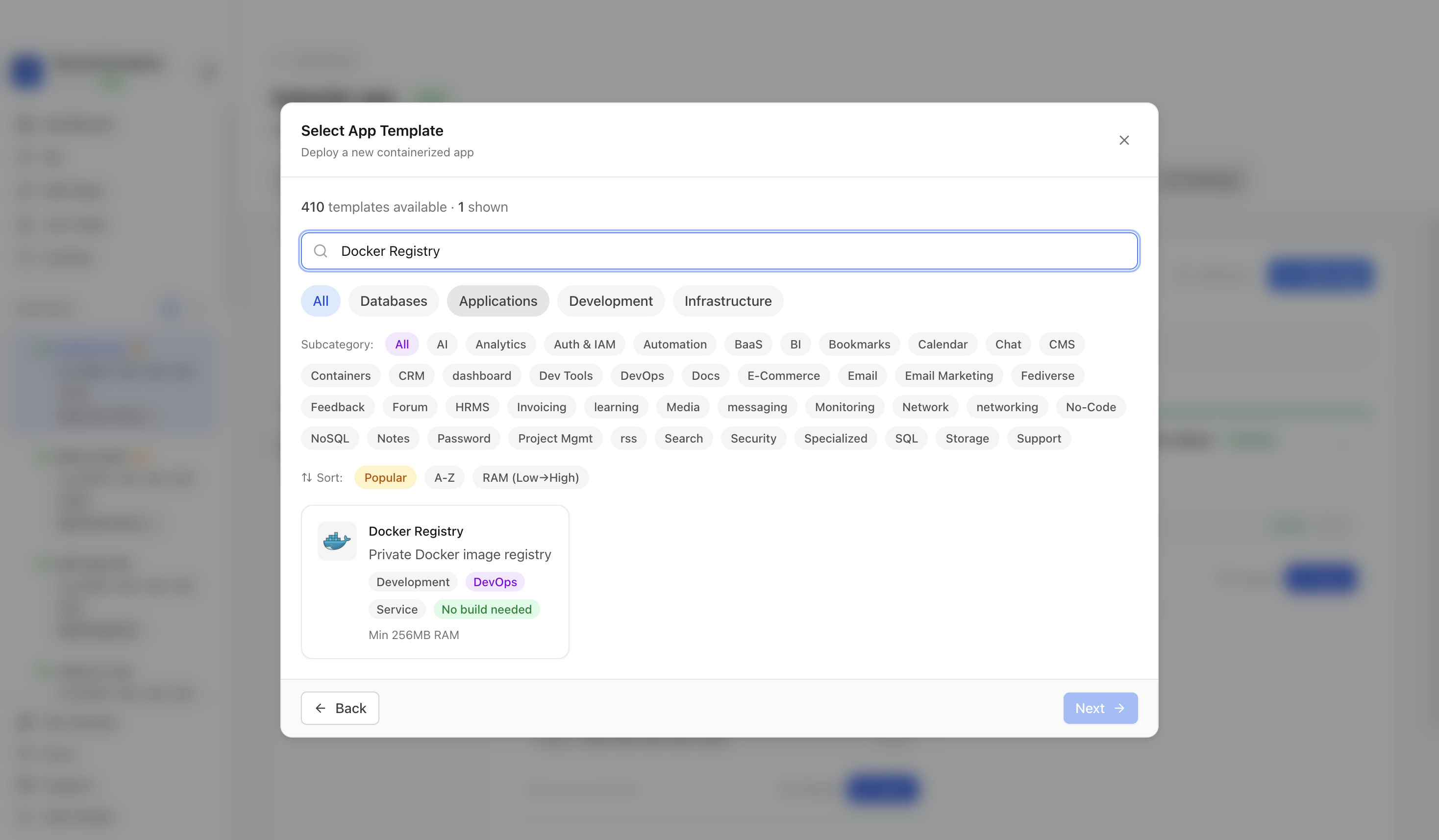 Searching for Docker Registry in the Server Compass template picker