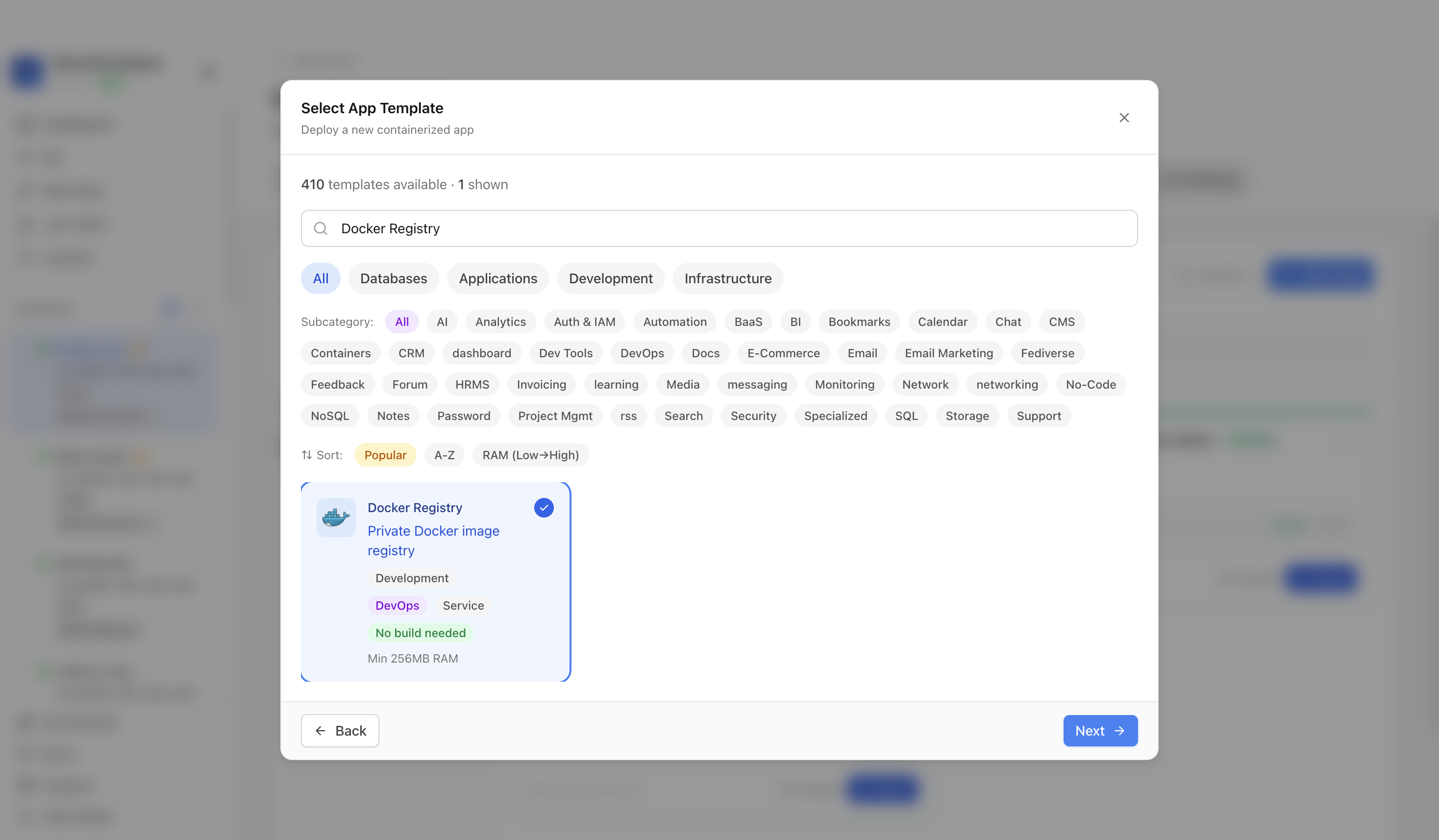 Docker Registry template selected in Server Compass