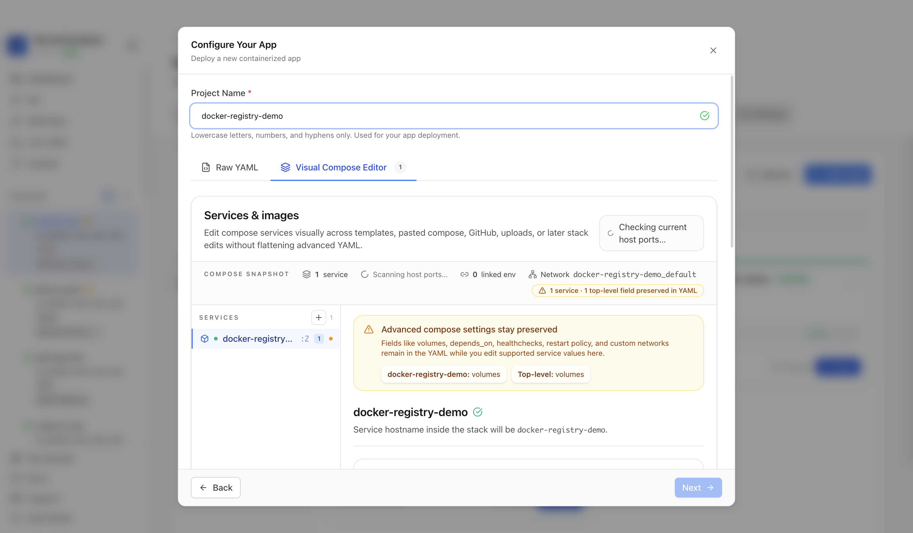 Reviewing Docker Registry project settings and compose service
