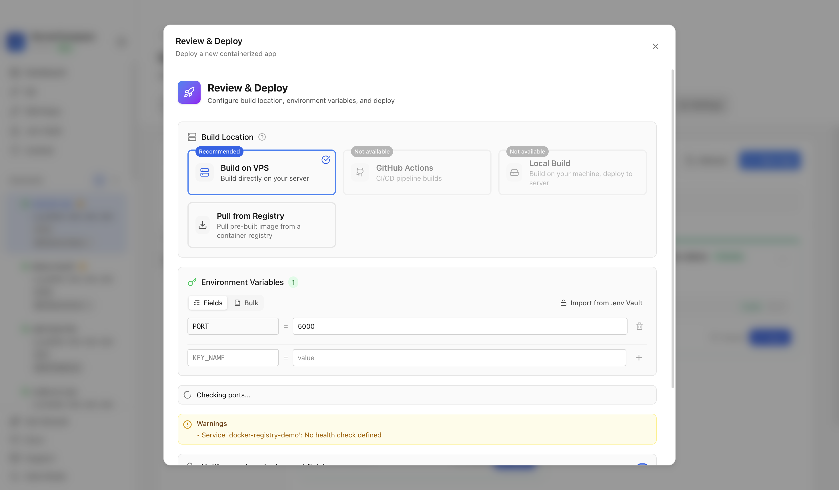 Reviewing Docker Registry environment variables and port before deployment