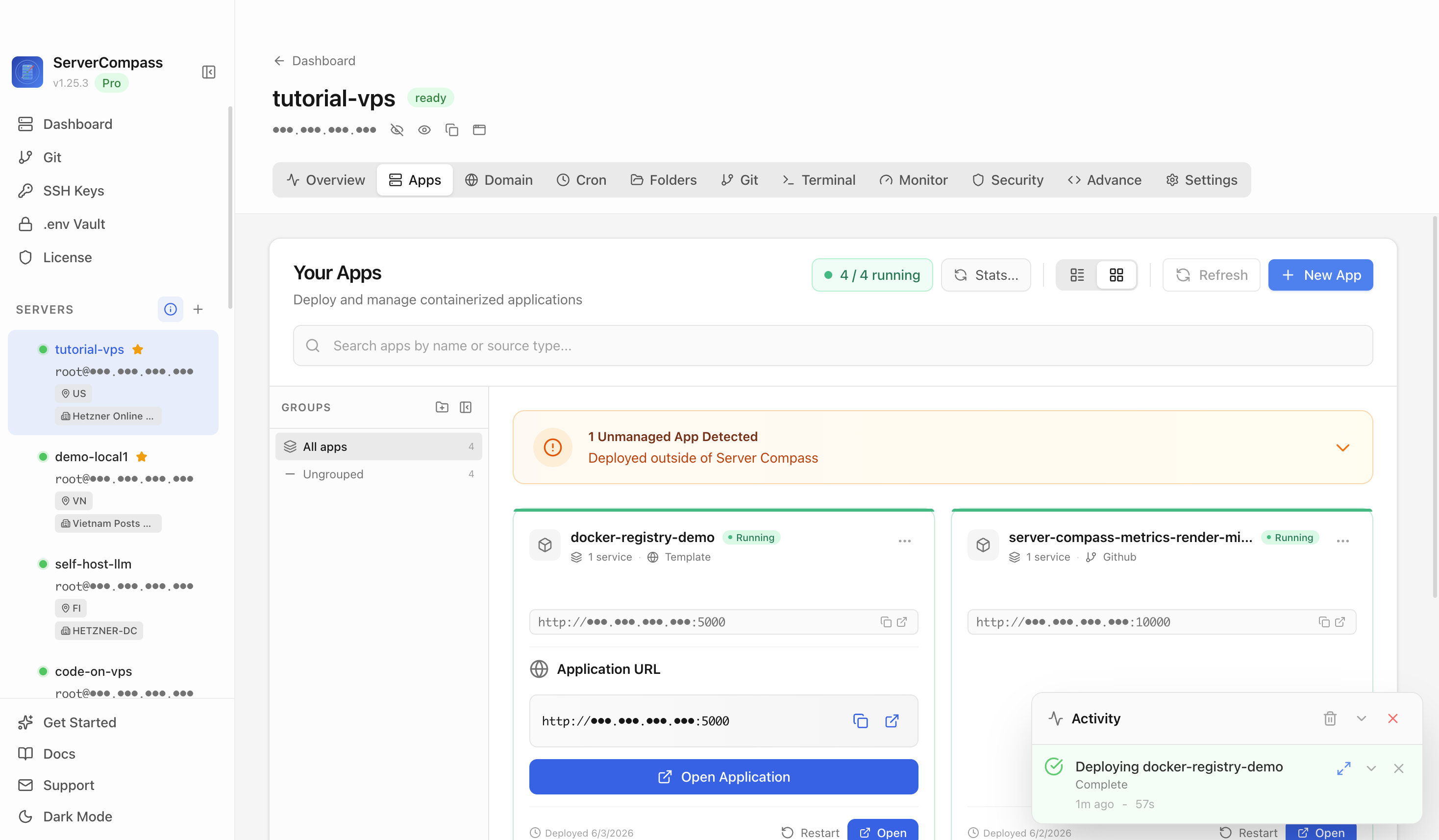 Docker Registry template running in the Server Compass Apps tab