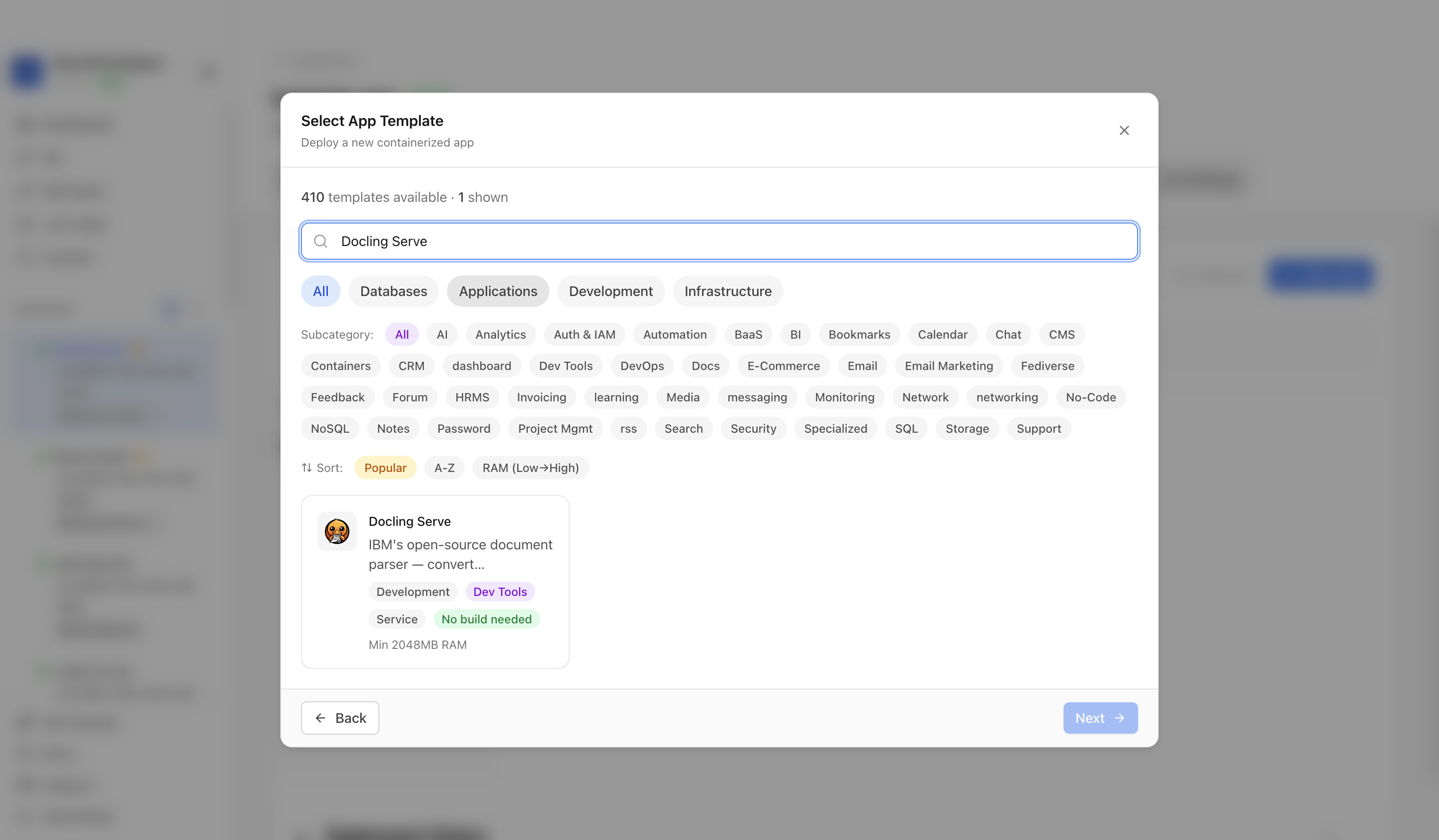 Searching for Docling Serve in the Server Compass template picker