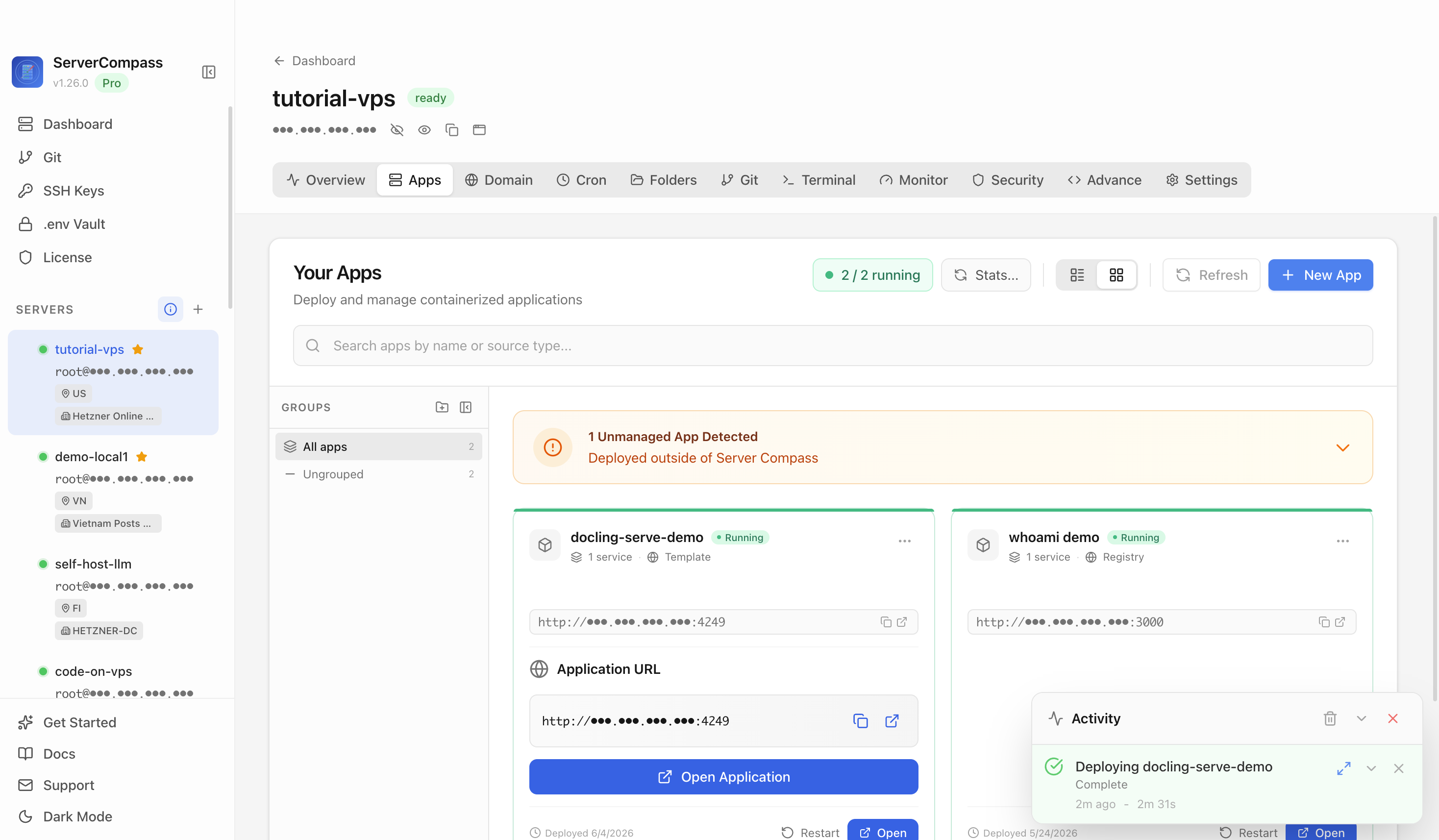 Docling Serve template running in the Server Compass Apps tab