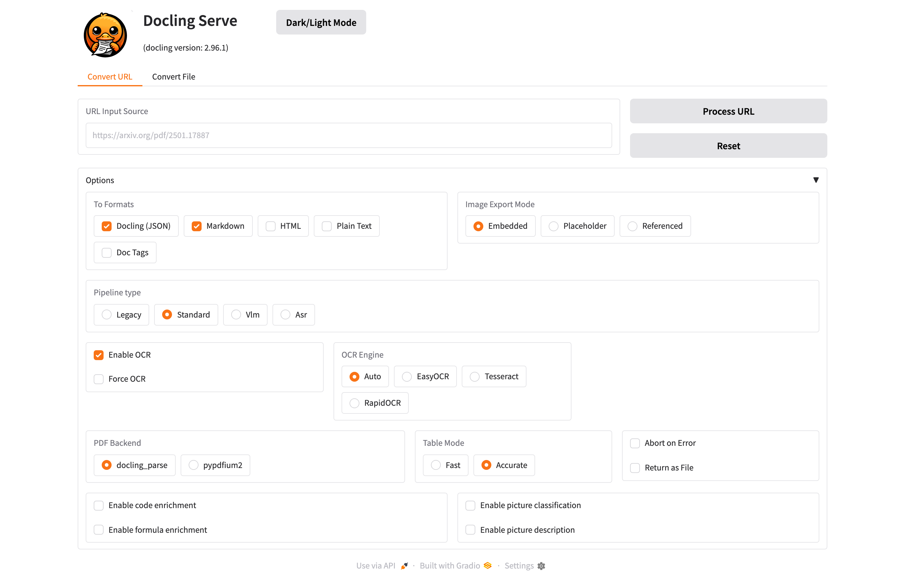 The deployed Docling Serve web UI loaded in a browser