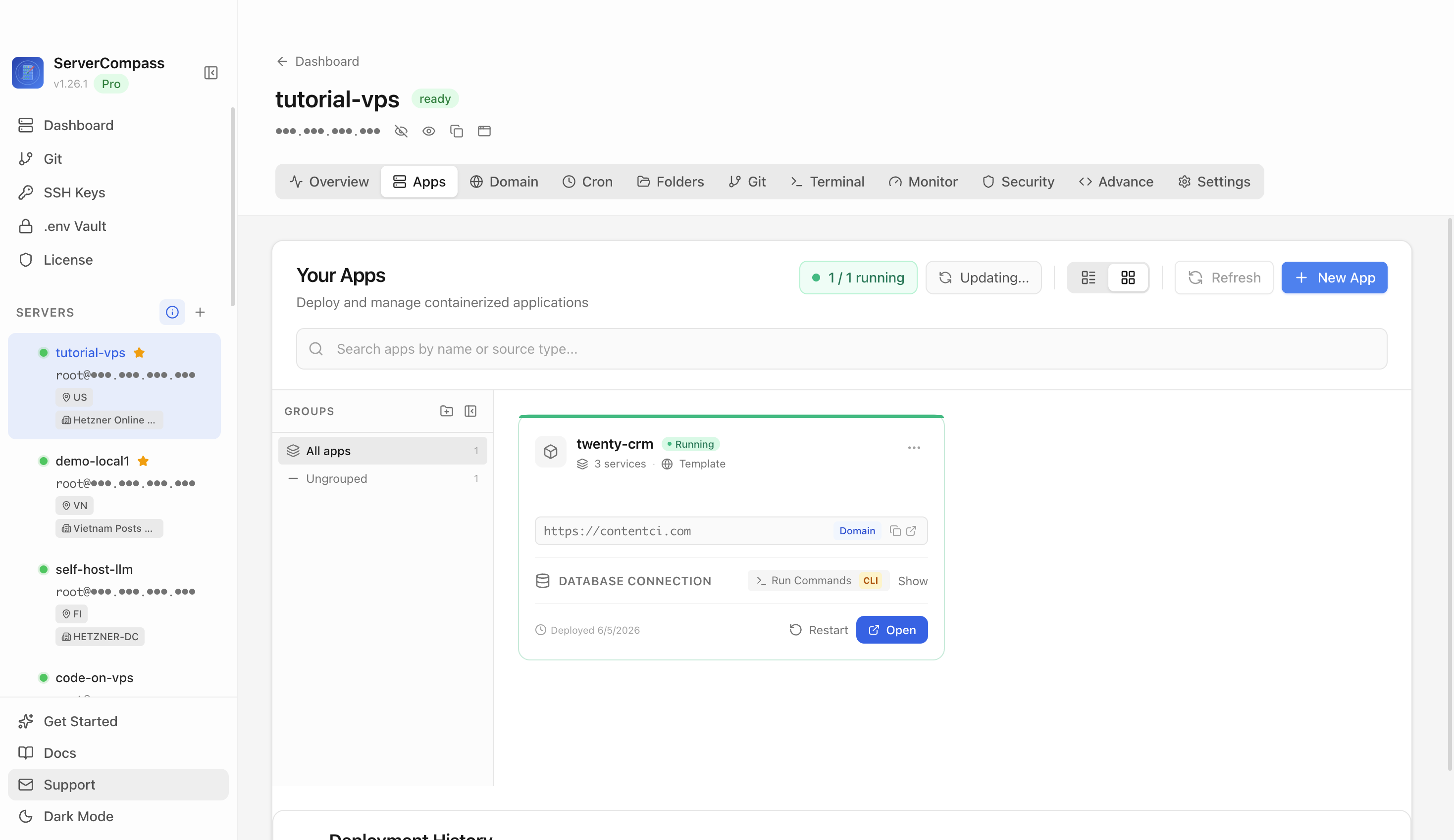 Server Compass Apps tab before creating a Docmost app