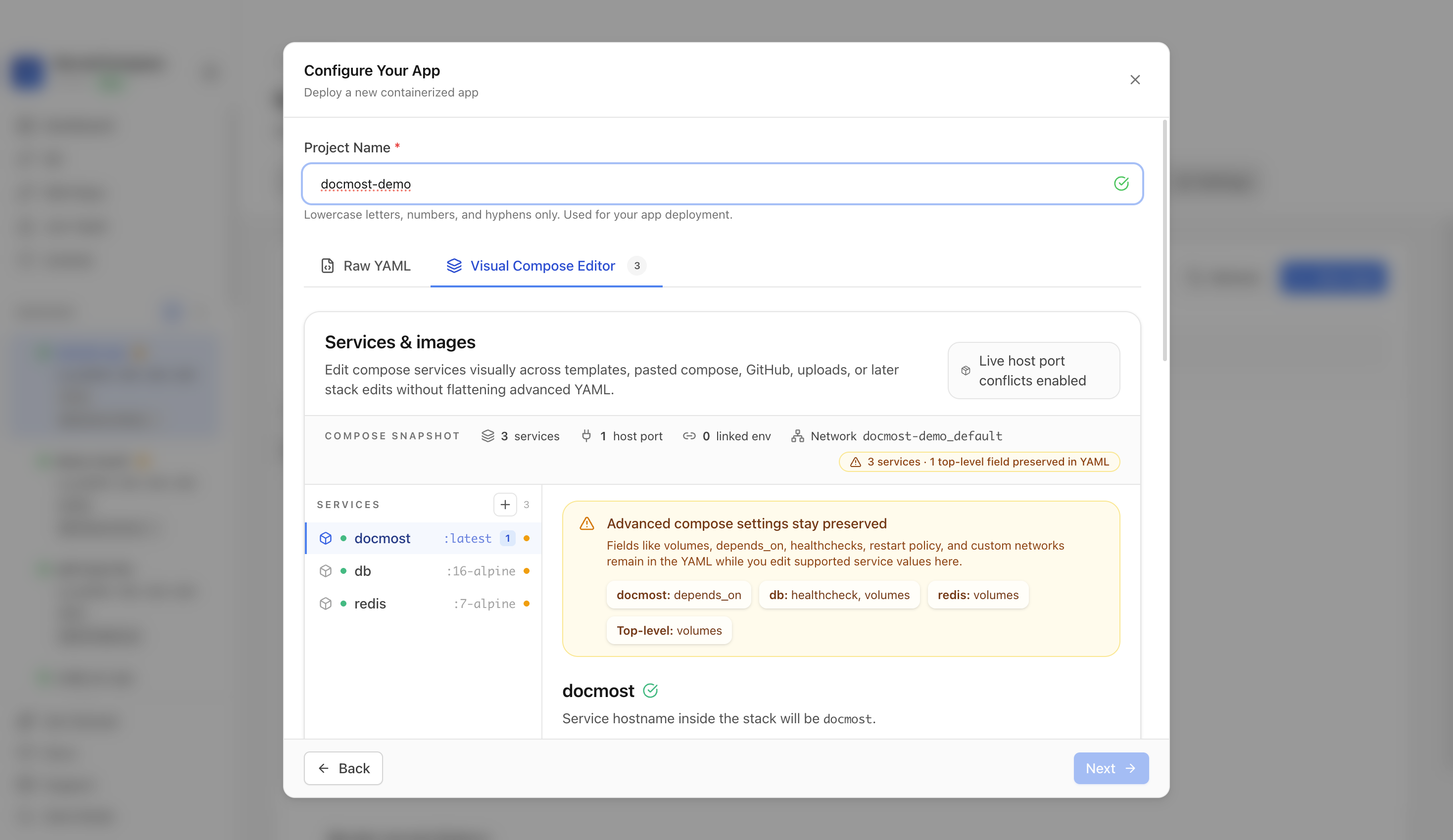 Reviewing Docmost project settings and compose services