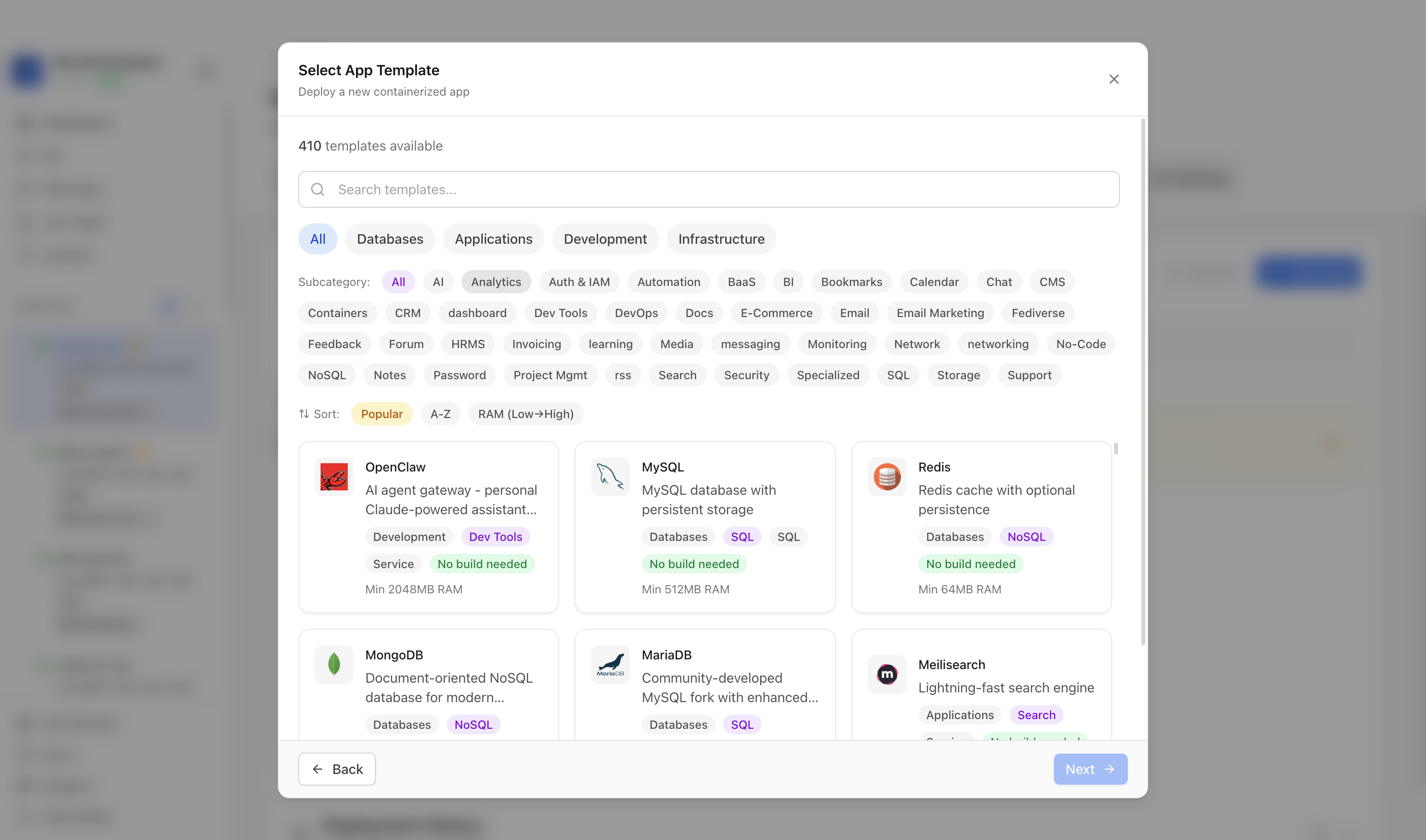 Choosing to deploy an app from a Server Compass template