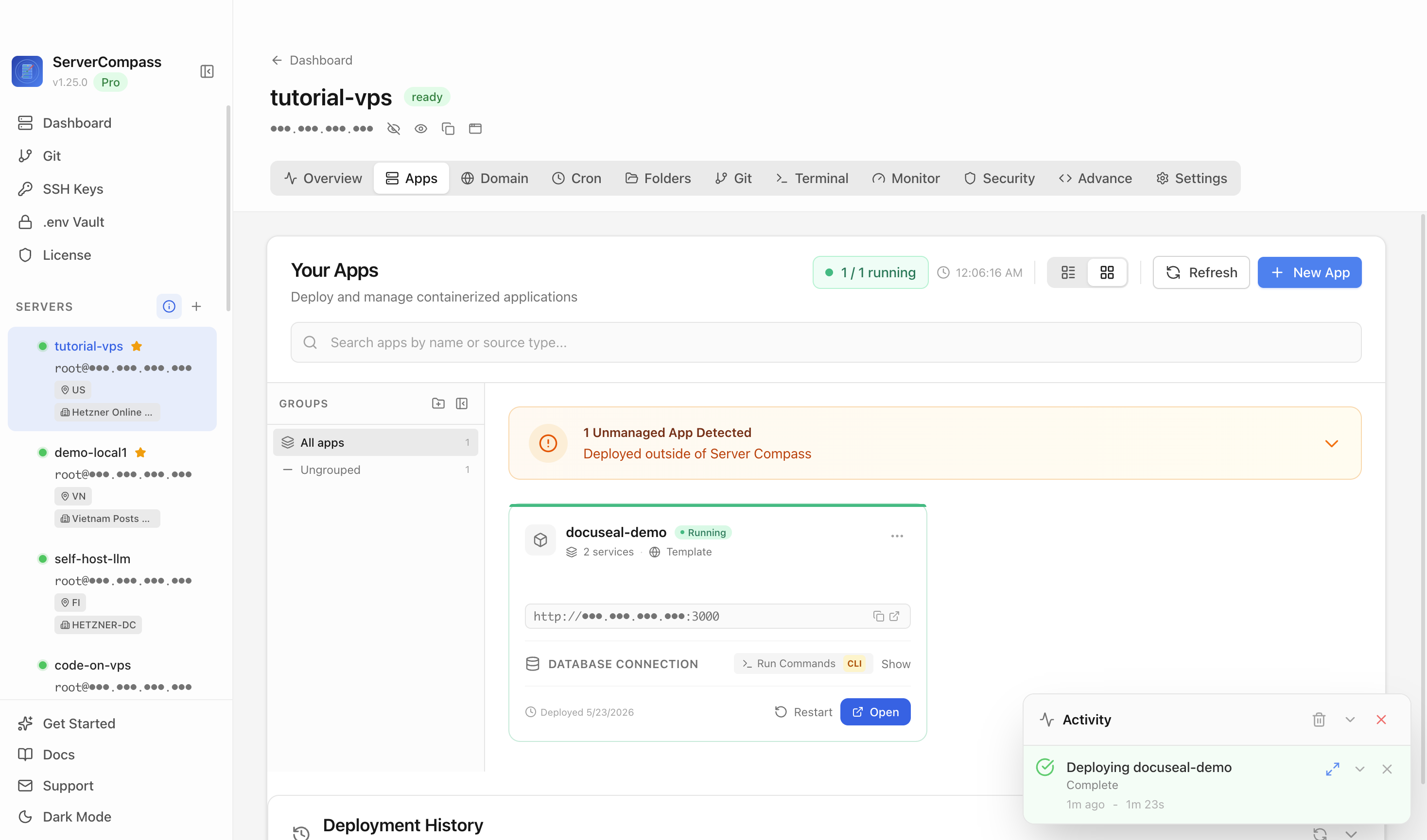 DocuSeal template running in the Server Compass Apps tab