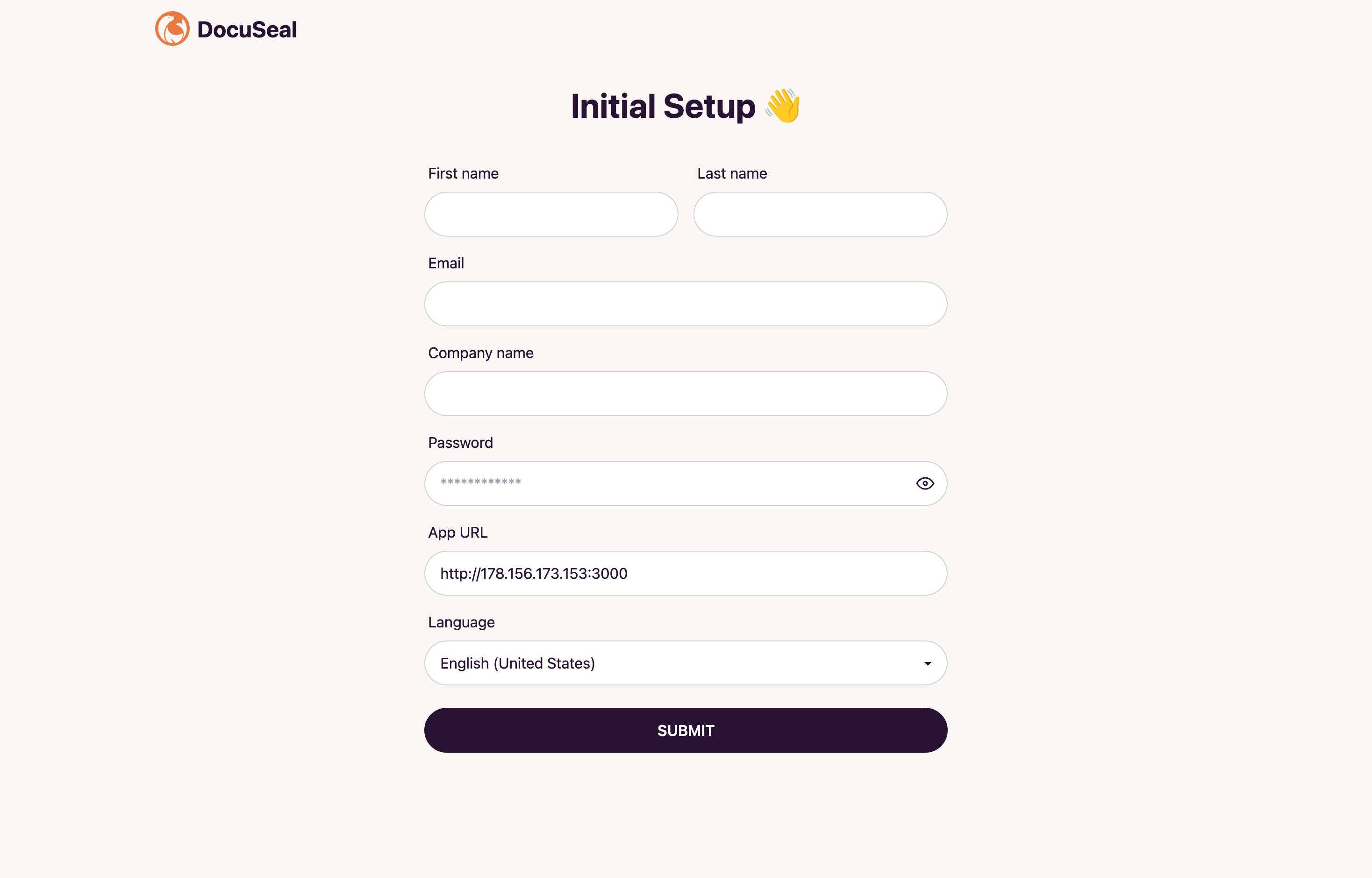 The deployed DocuSeal web UI loaded in a browser