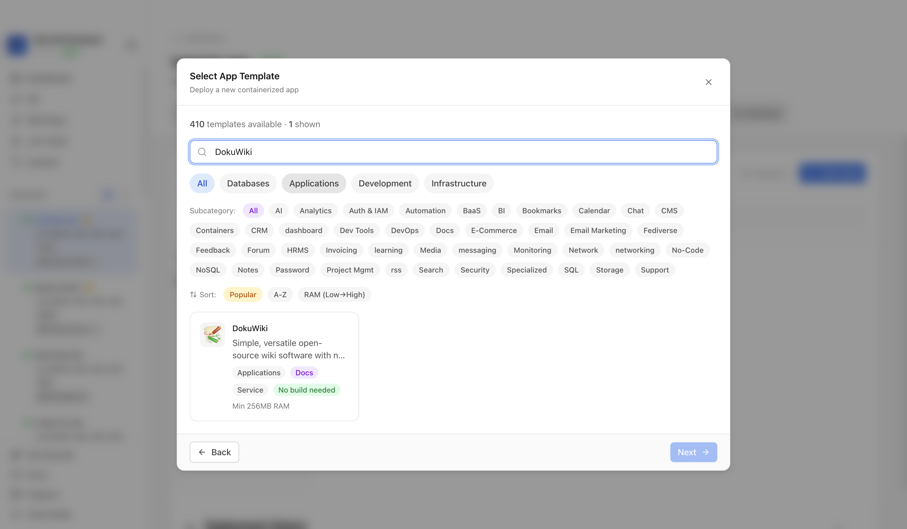 Searching for DokuWiki in the Server Compass template picker