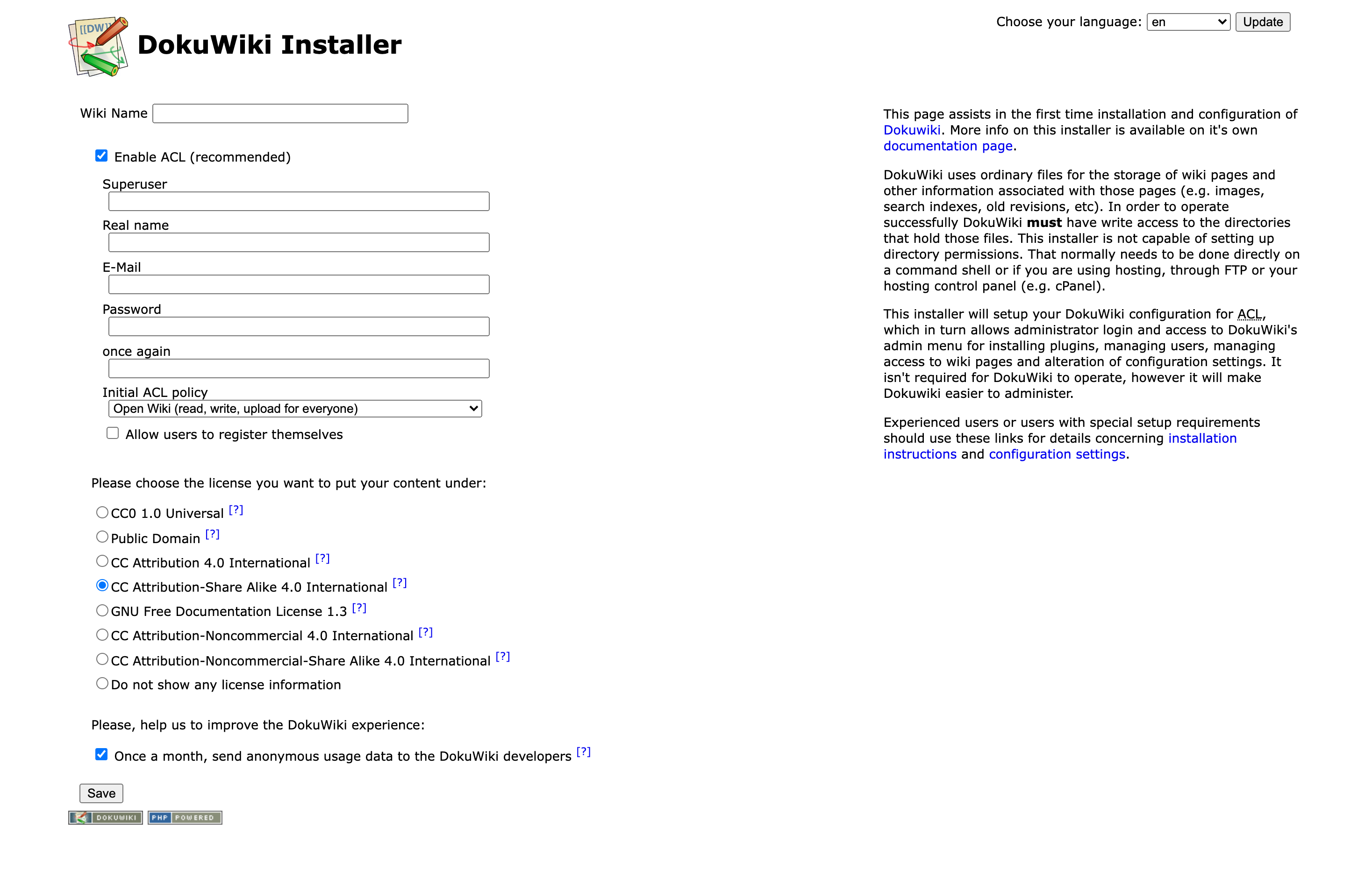 The deployed DokuWiki web UI loaded in a browser