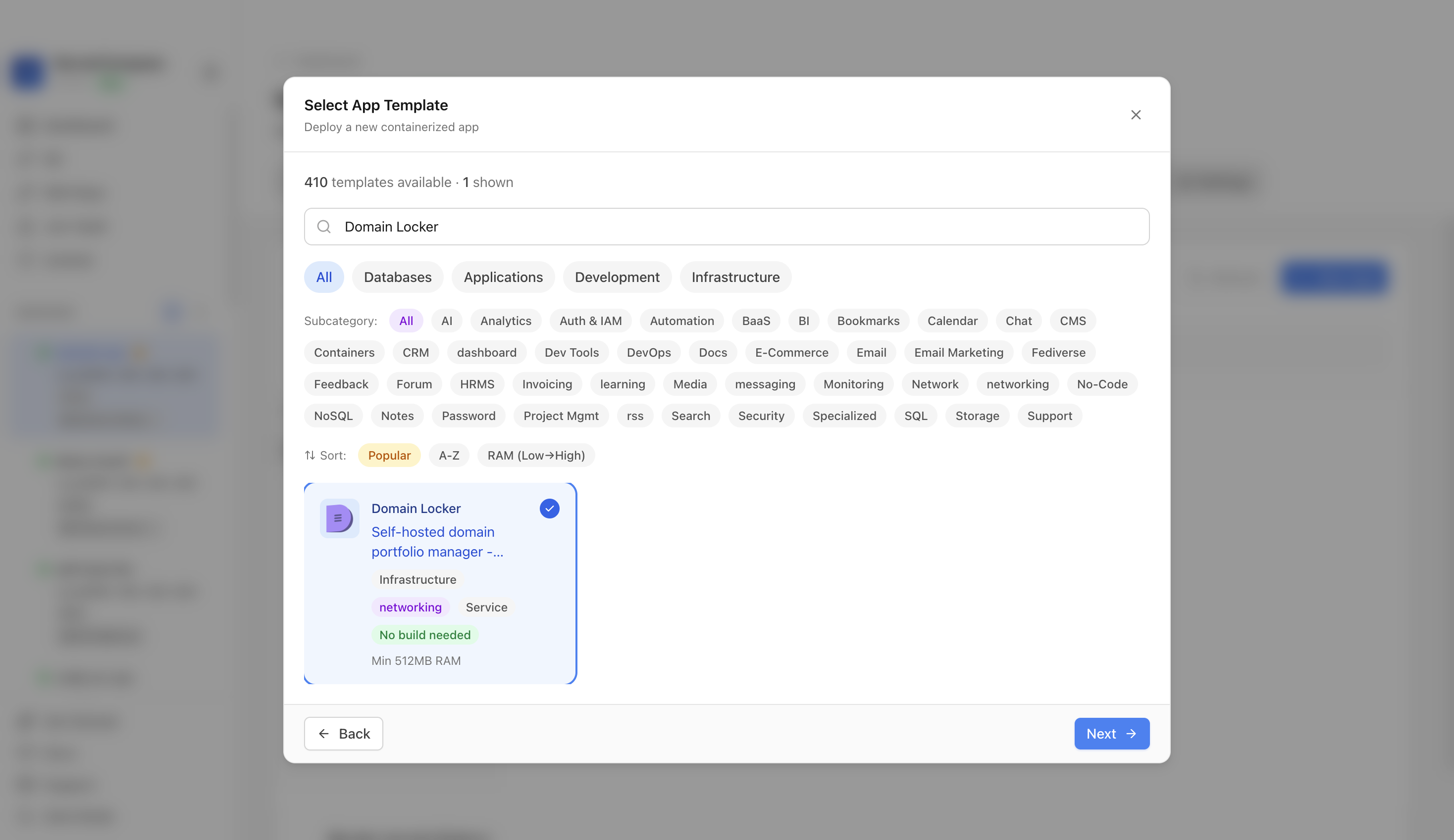 Domain Locker template selected in Server Compass