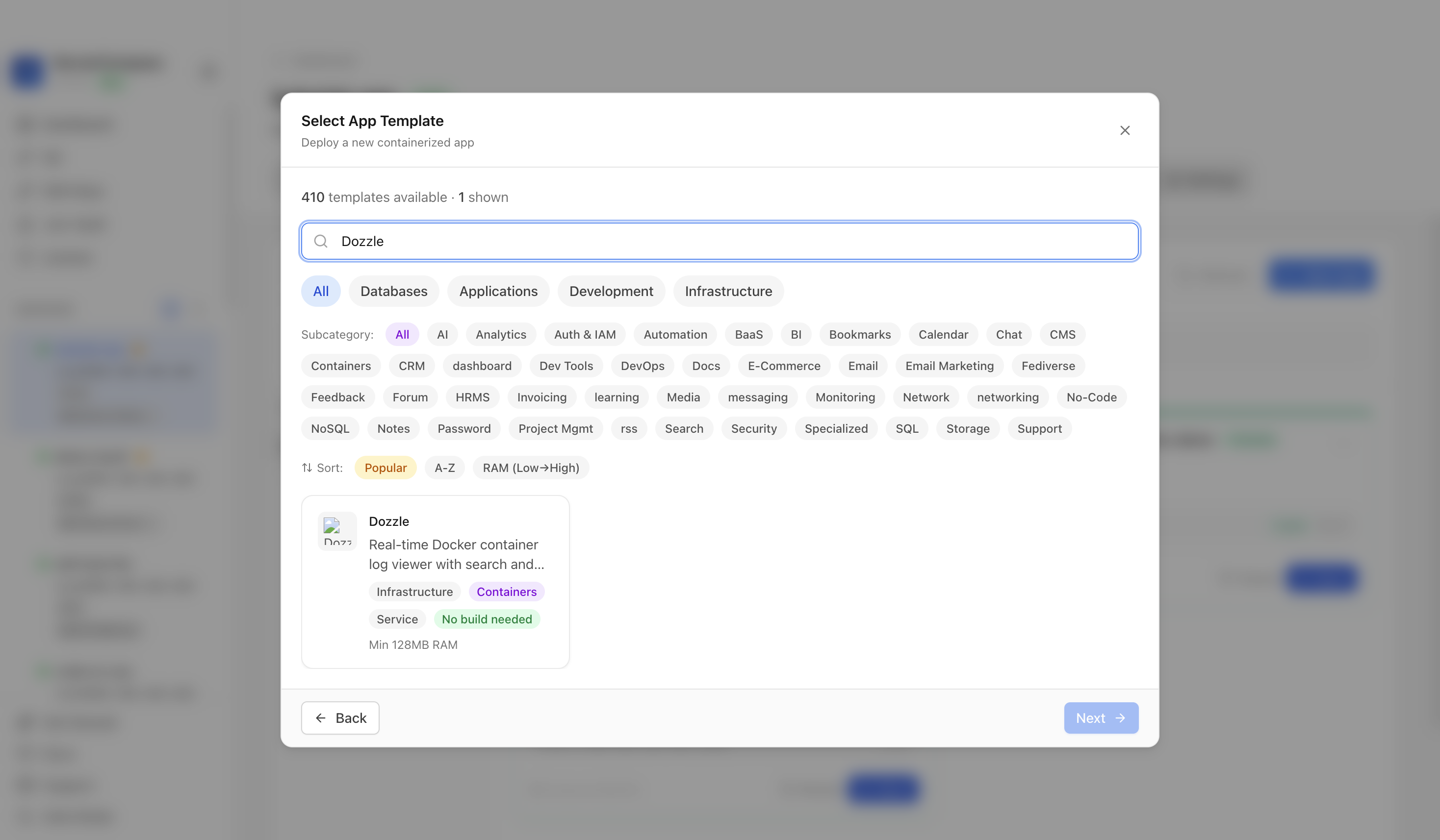 Searching for Dozzle in the Server Compass template picker