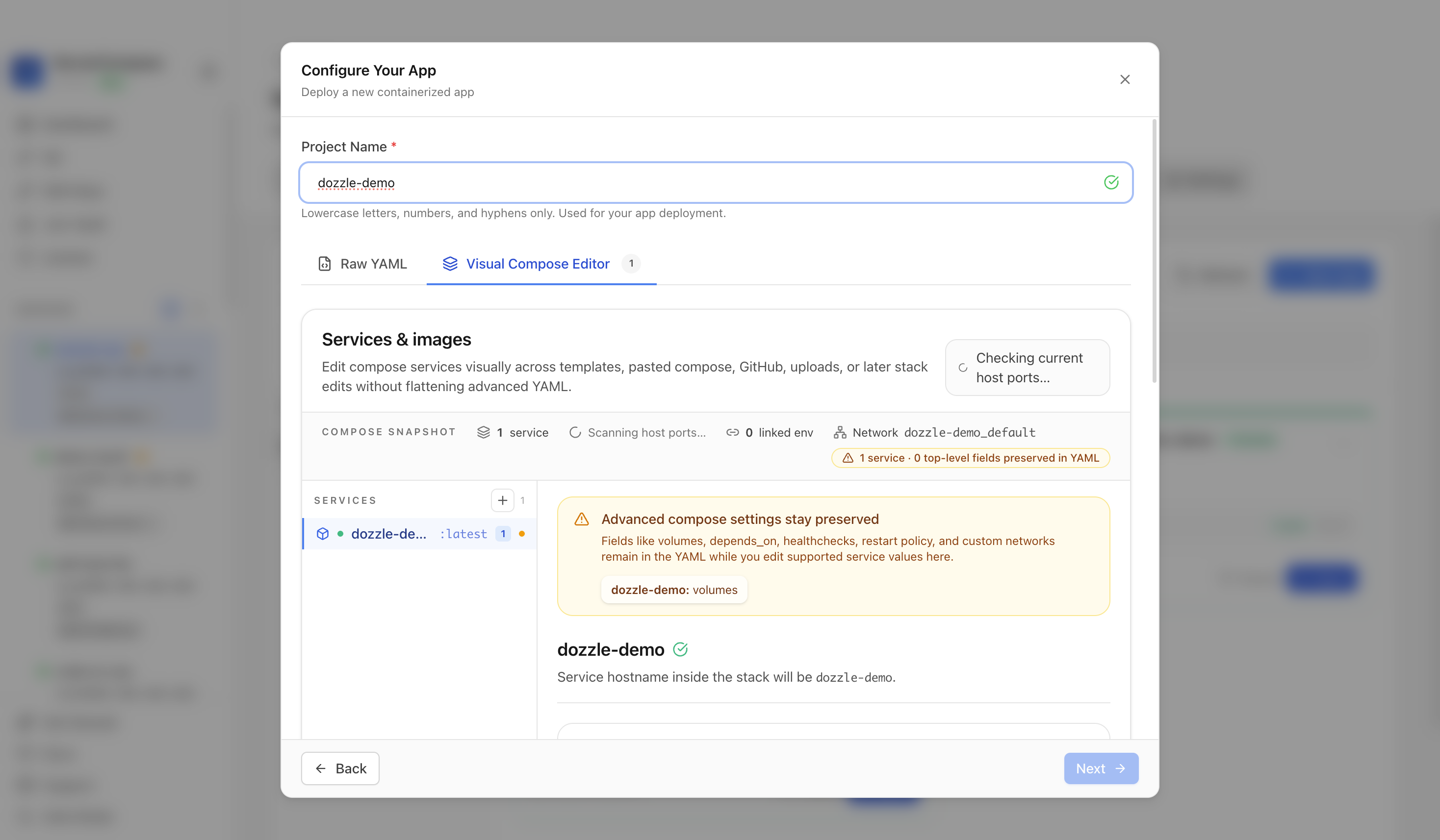 Reviewing Dozzle project settings and compose service