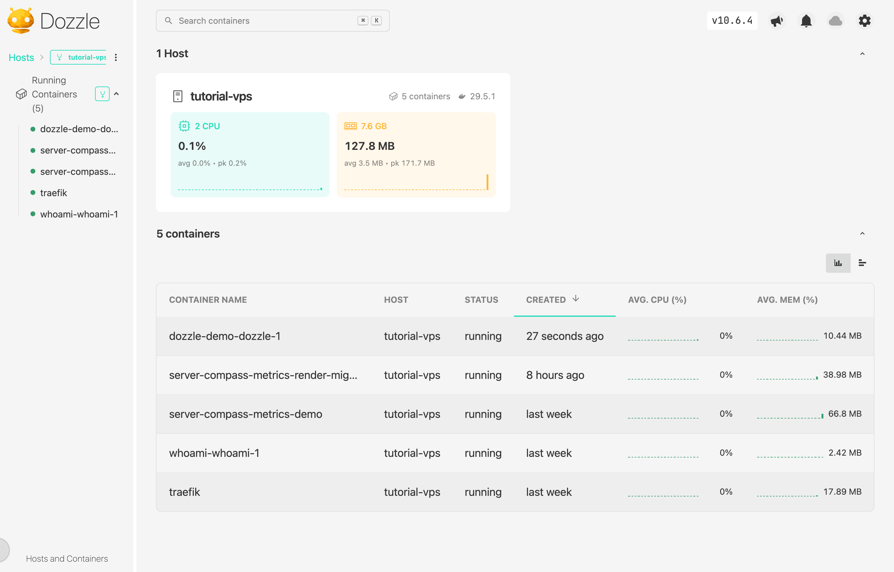 The deployed Dozzle web UI loaded in a browser